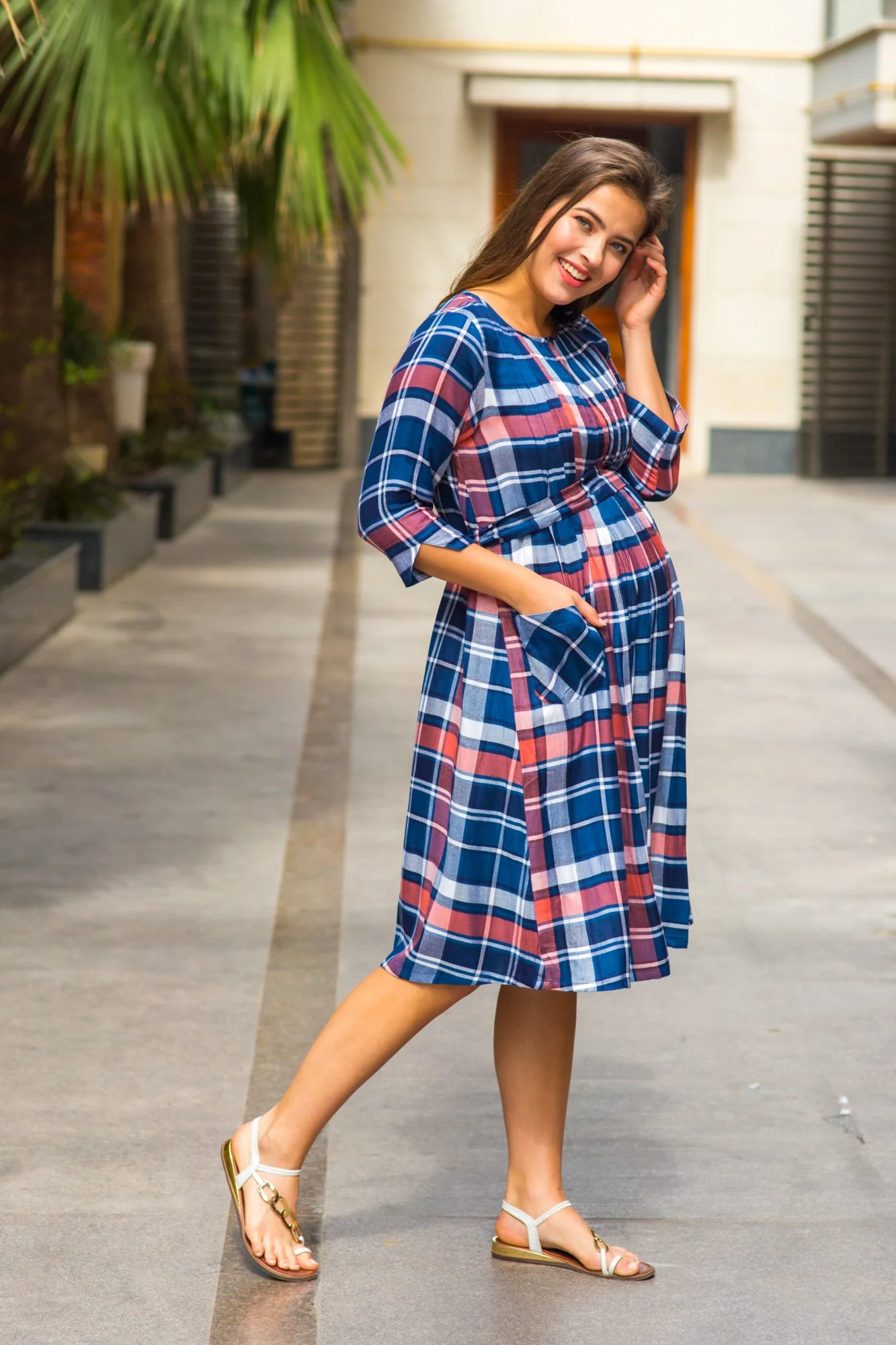 Navy Peach Plaid Pintucks Nursing Dress - Chenance
