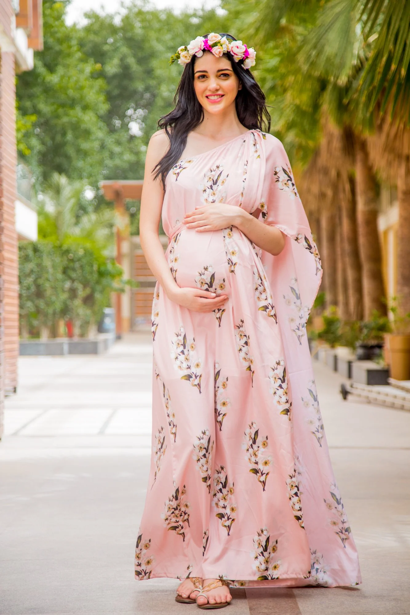 Luxe Carnation Pink One Shoulder Floral Maternity Gown - Chenance
