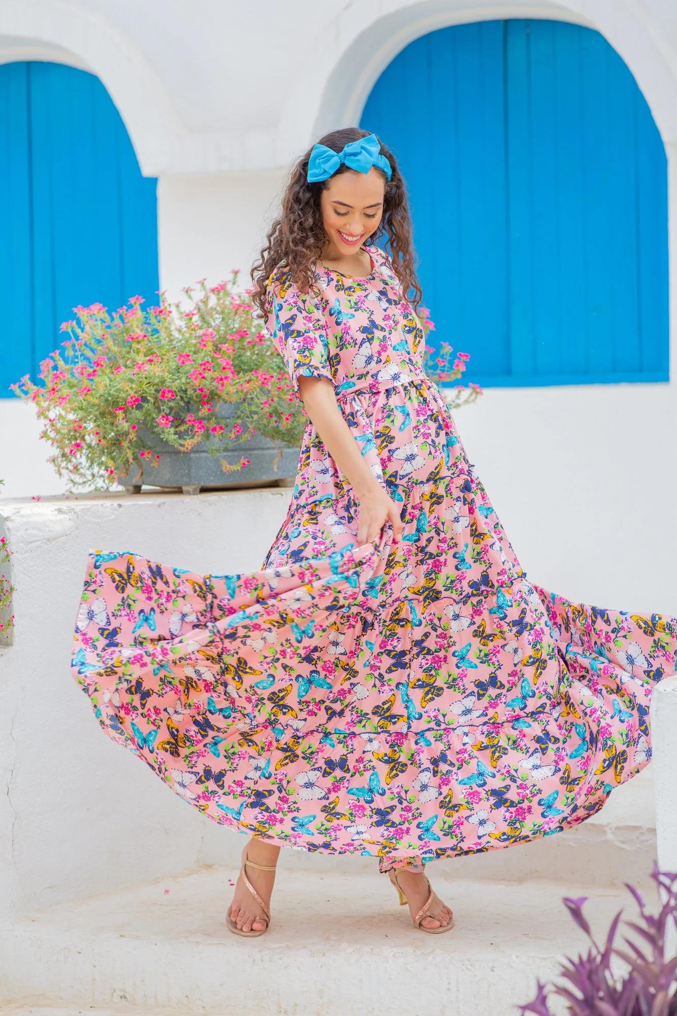 Jolly Butterflying Pink Multilayer Frill Single Concealed Zip Maternity & Nursing Dress - Chenance