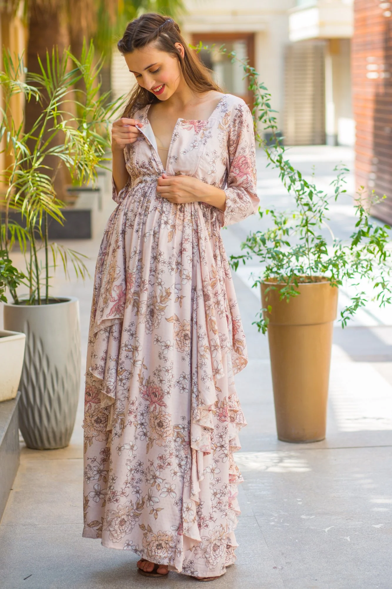 Pristine Peach Maternity & Nursing Flow Dress - Chenance
