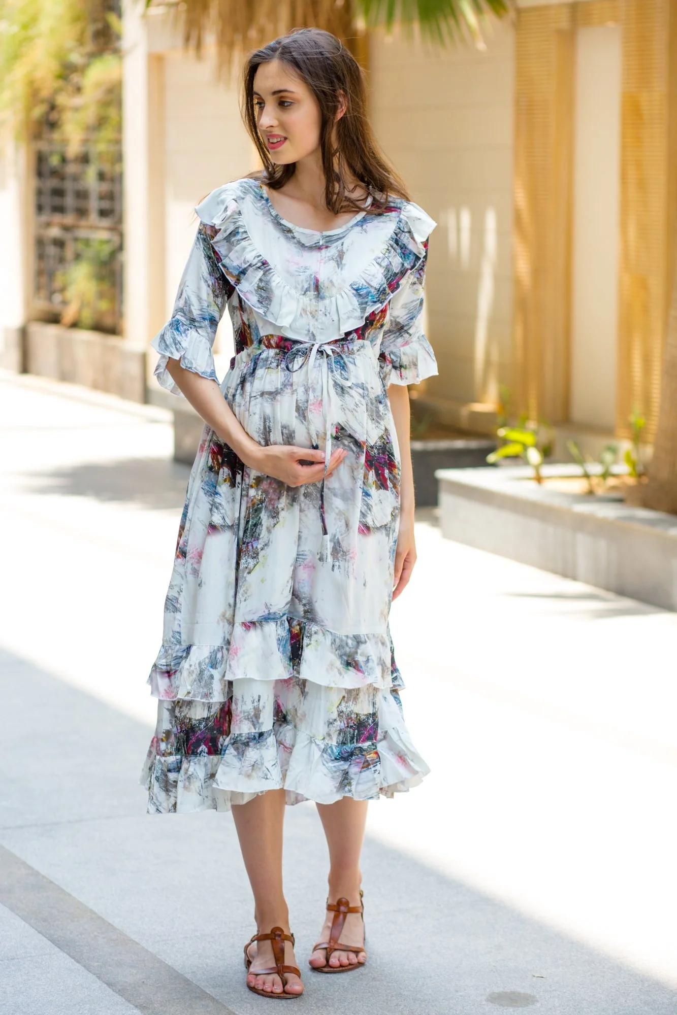 Abstract Front Frill Maternity & Nursing Midi Dress - Chenance