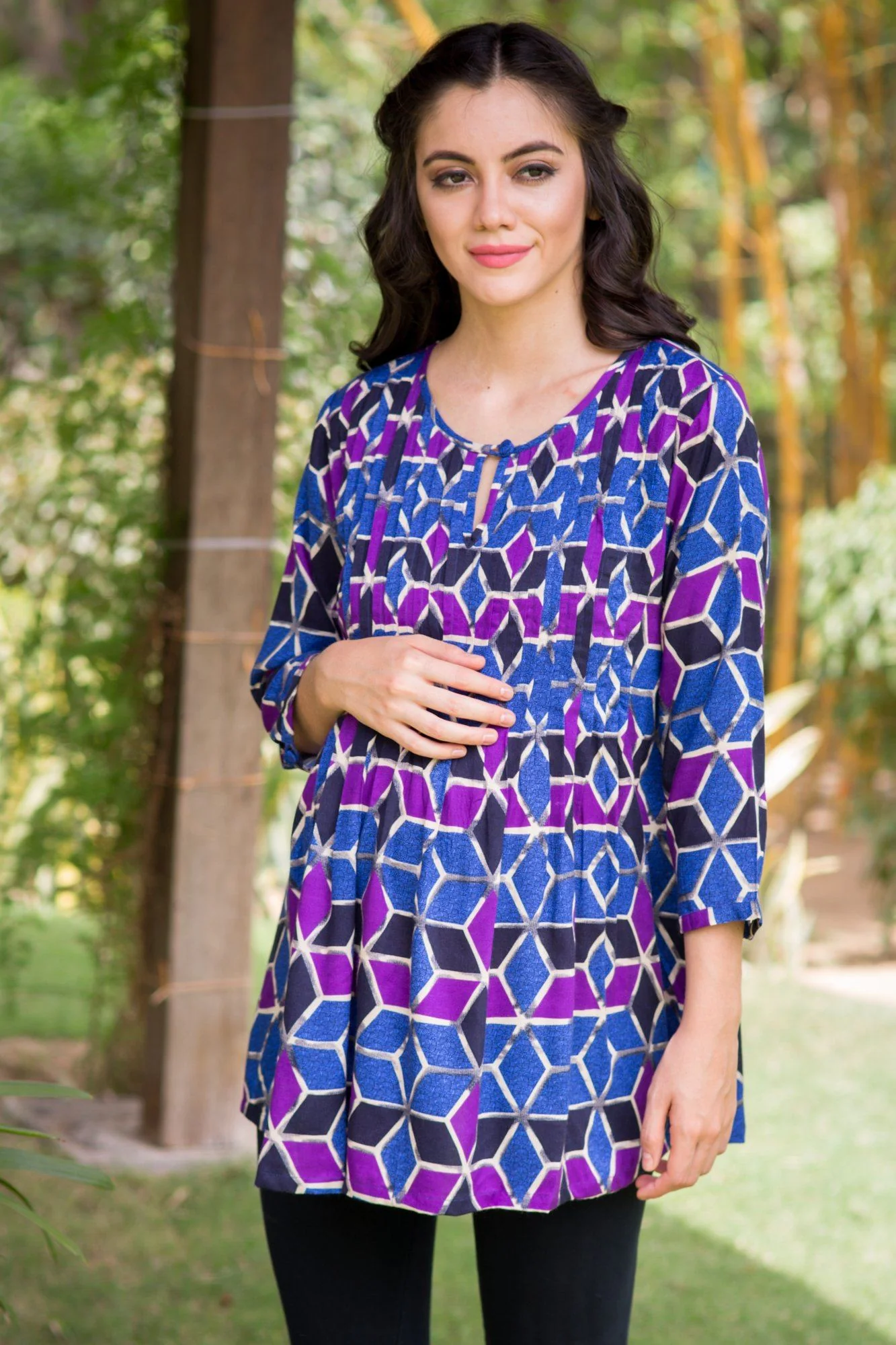 Geo Print Pintucks Maternity & Nursing Top - Chenance