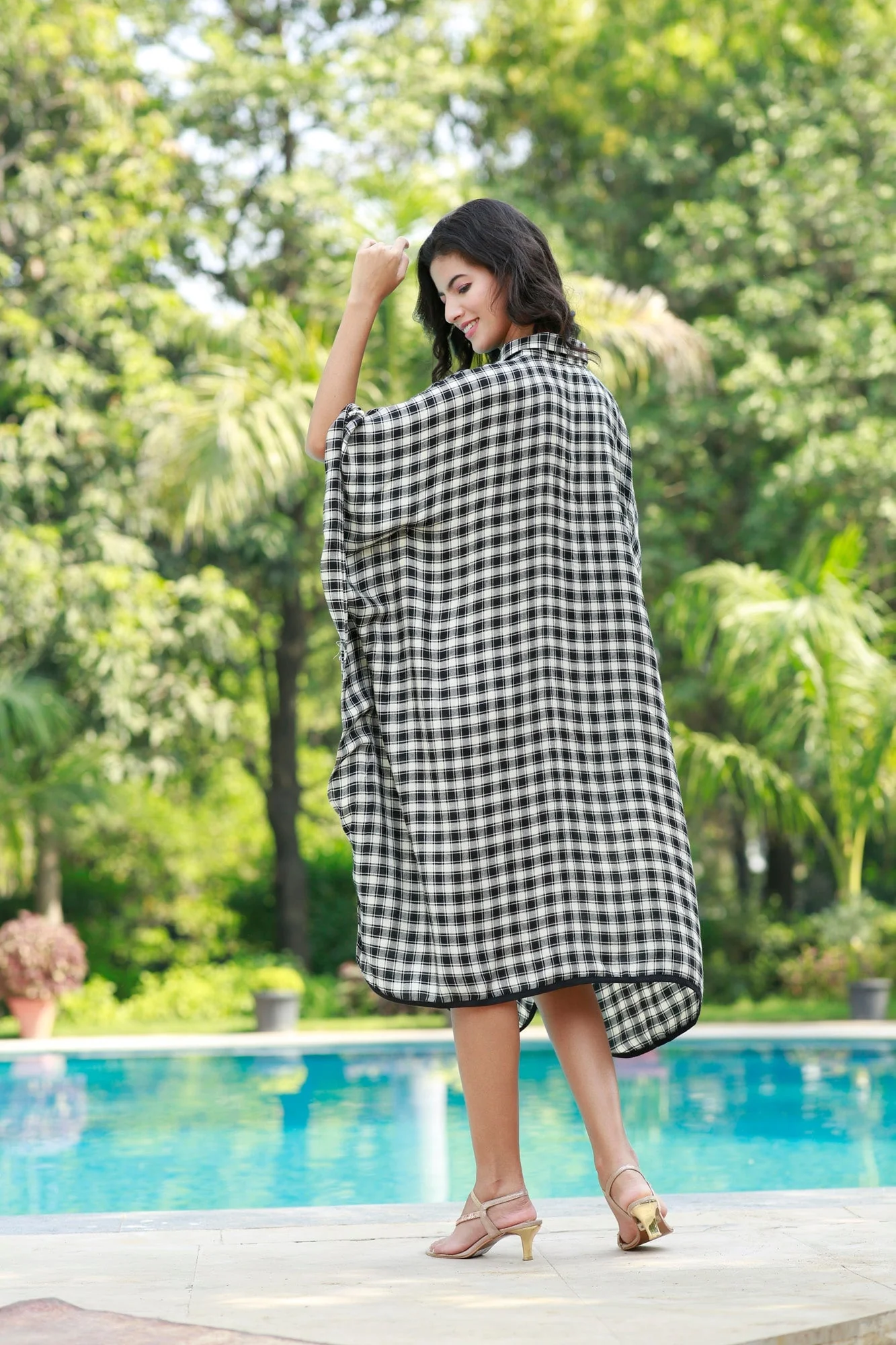Forever Black & White Plaid Maternity & Nursing Kaftan Shirt Dress - Chenance