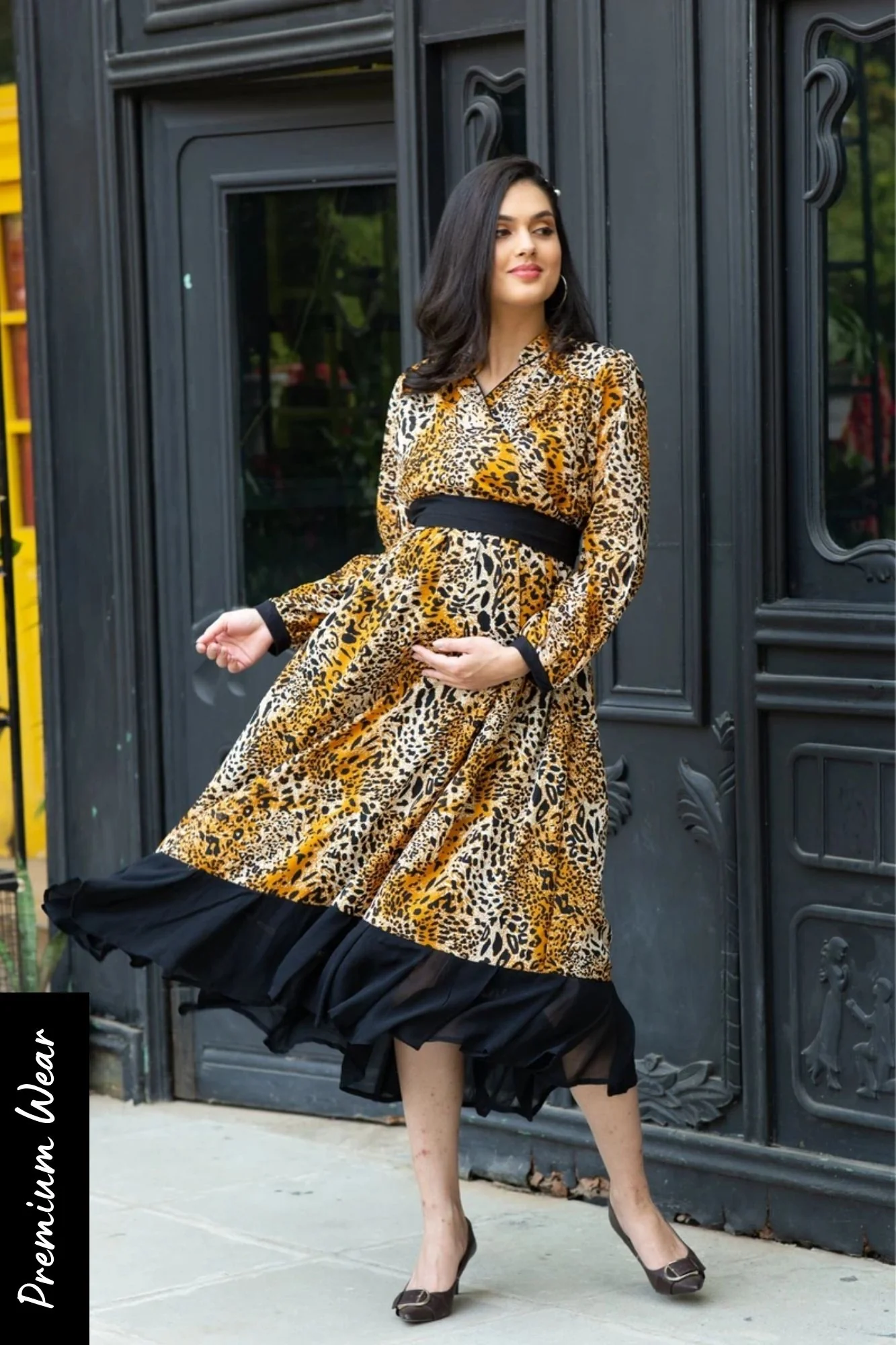 Premium Tropical Brown Maternity & Nursing Midi Wrap Dress - Chenance