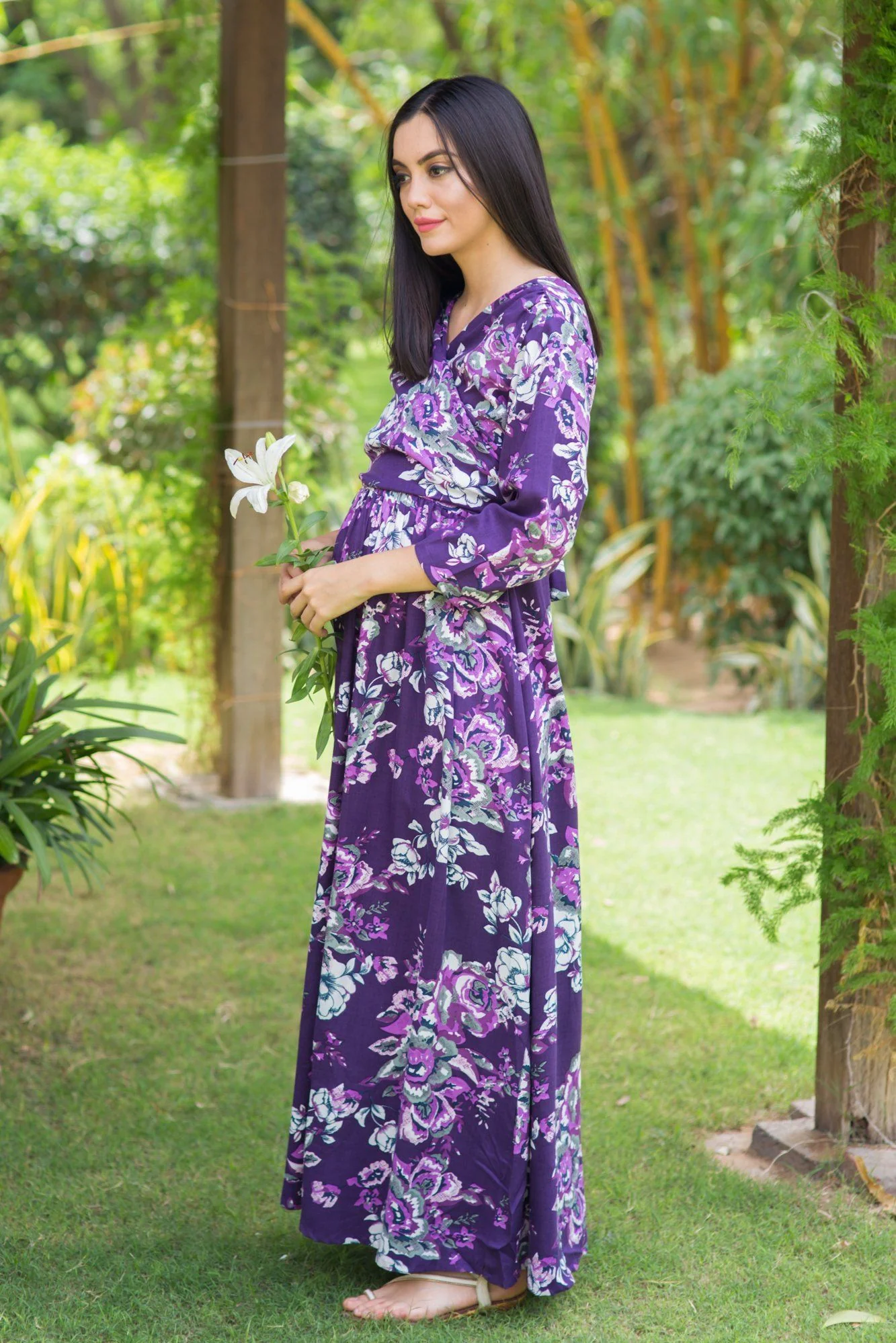 Lilac Floral Cotton Nursing Wrap Dress - Chenance