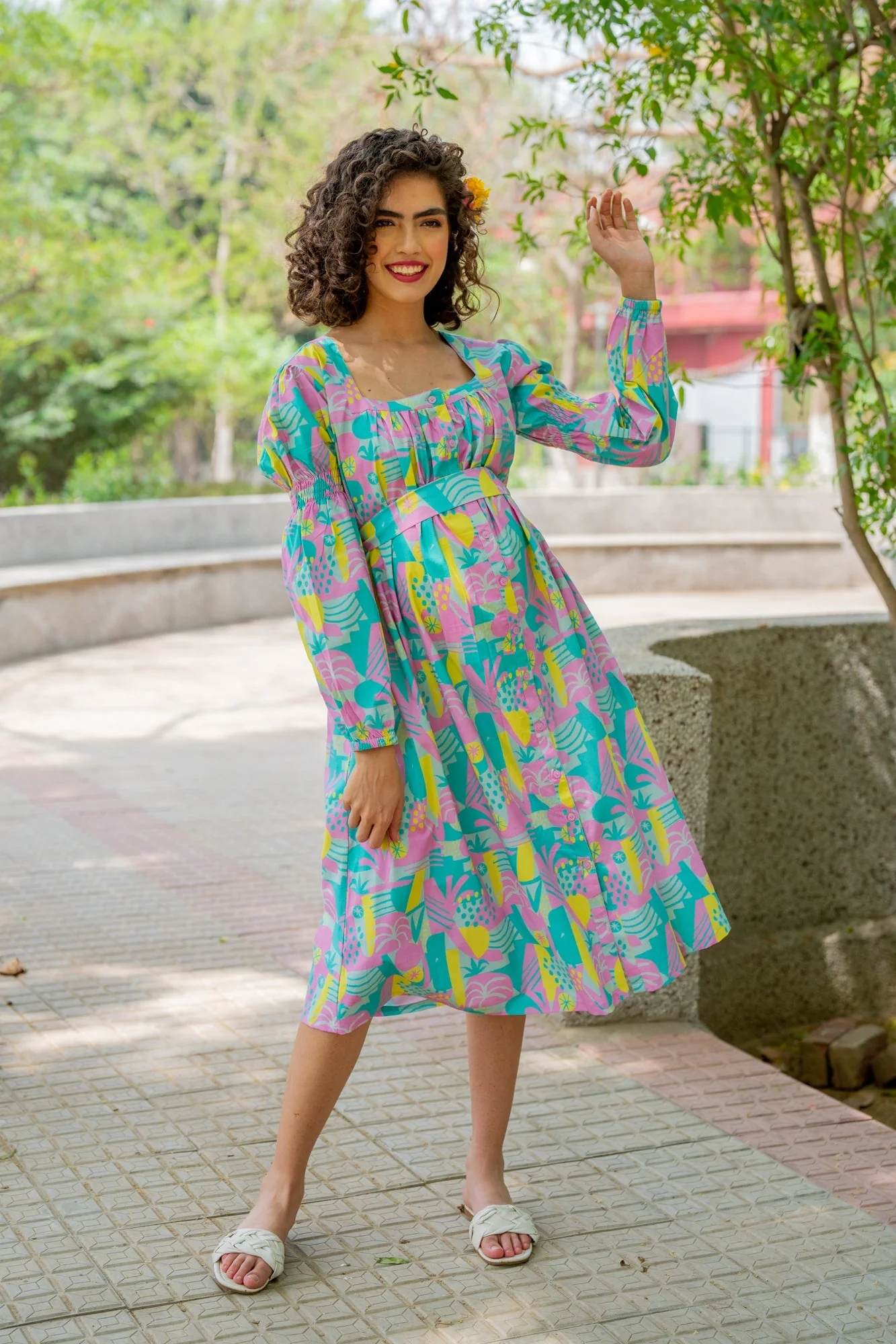 Dusty Blue Yellow Abstract Maternity & Nursing Dress (100% Cotton) - Chenance