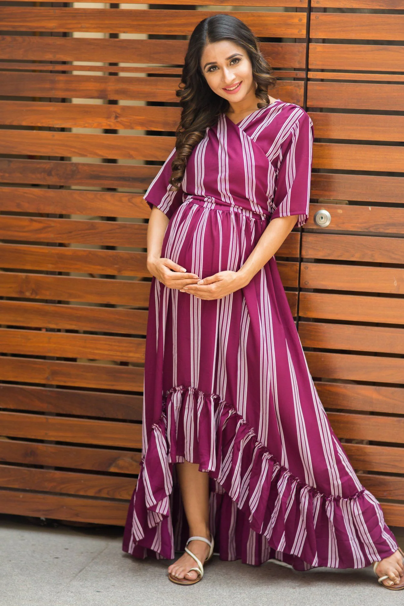 Plum Striped Hi-Low Frill Maternity & Nursing Wrap Dress - Chenance