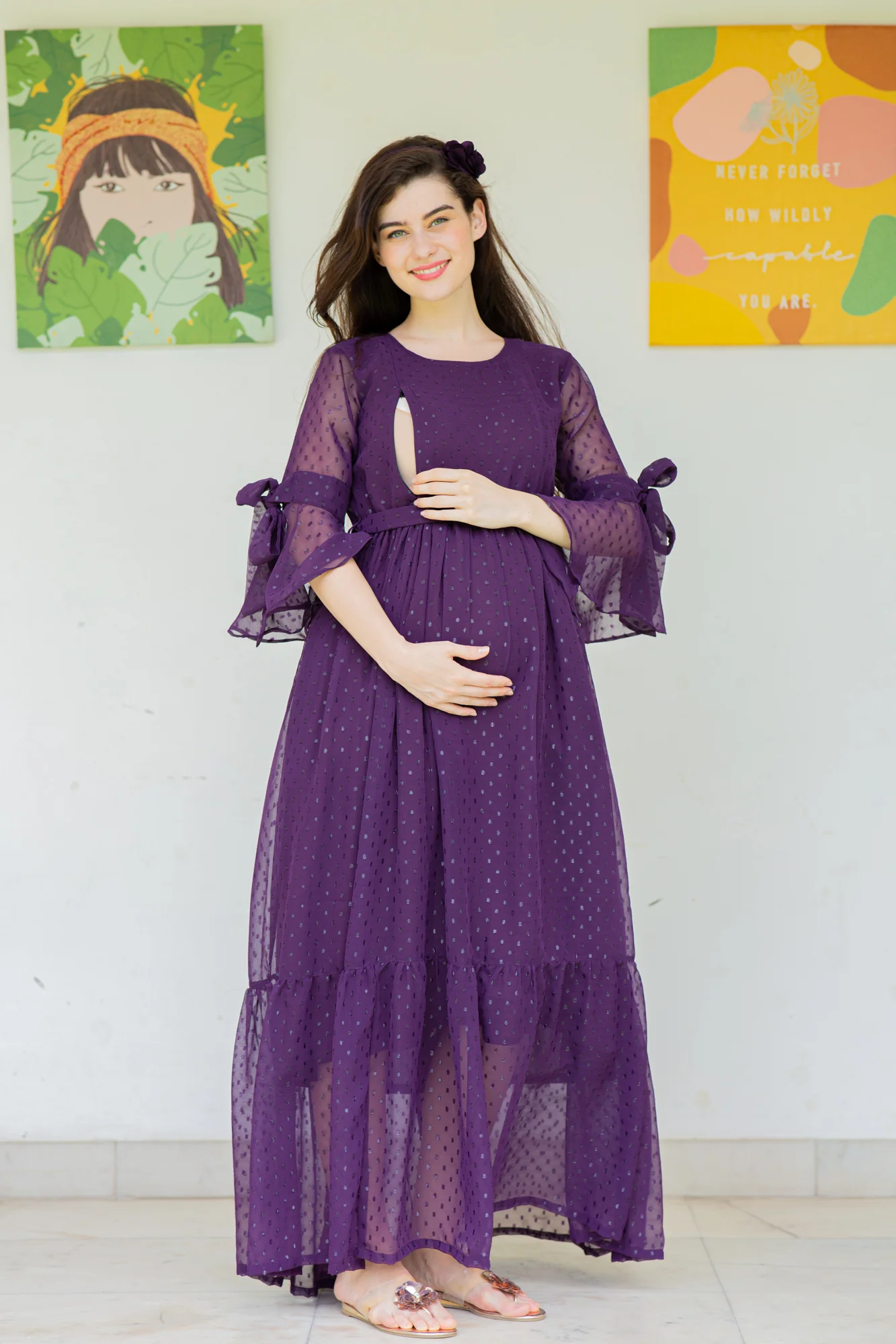 Brinjal Purple Maternity & Nursing Frill Dress - Chenance