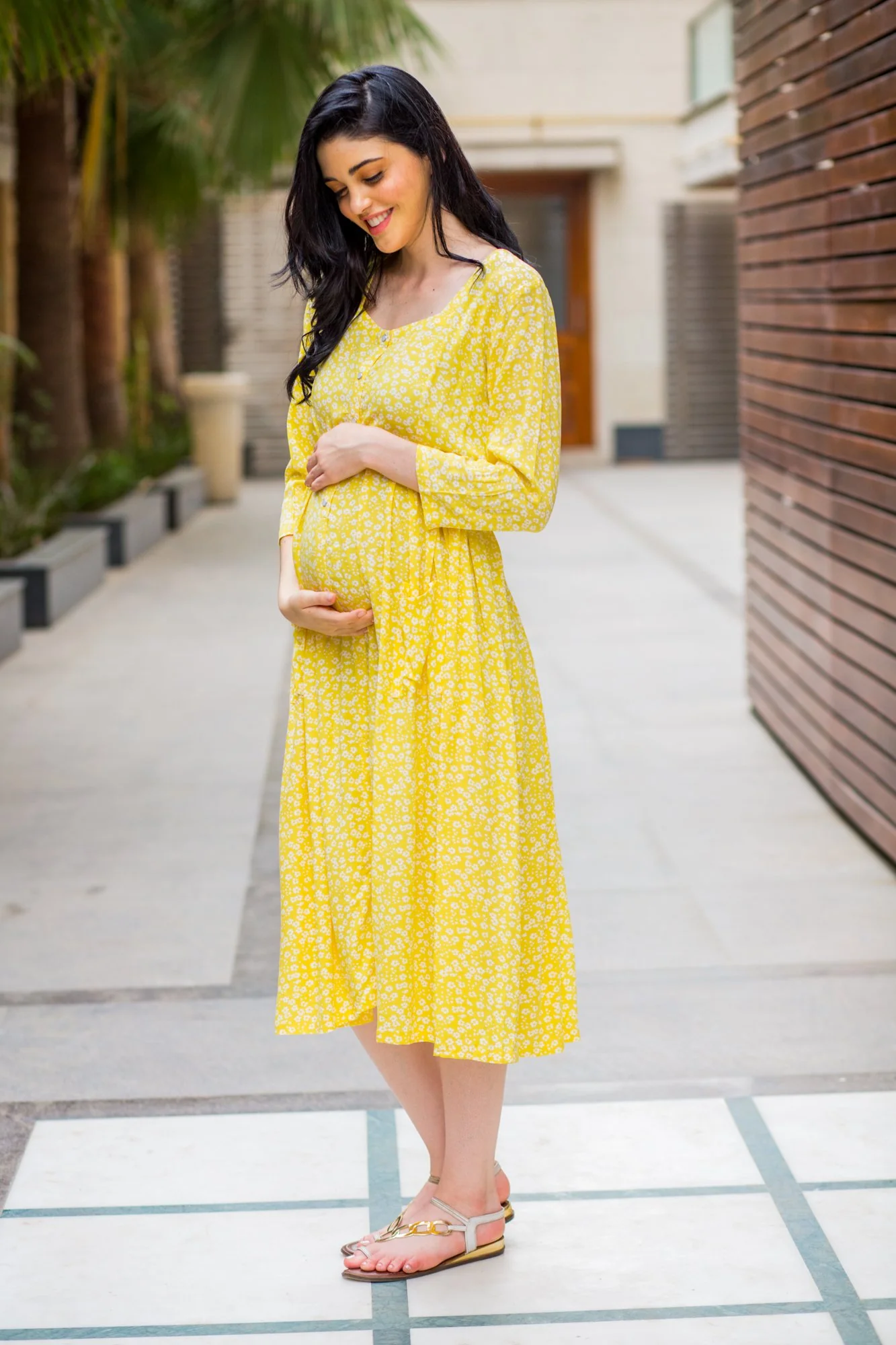 Joyful Yellow Pocket Maternity & Nursing Dress - Chenance