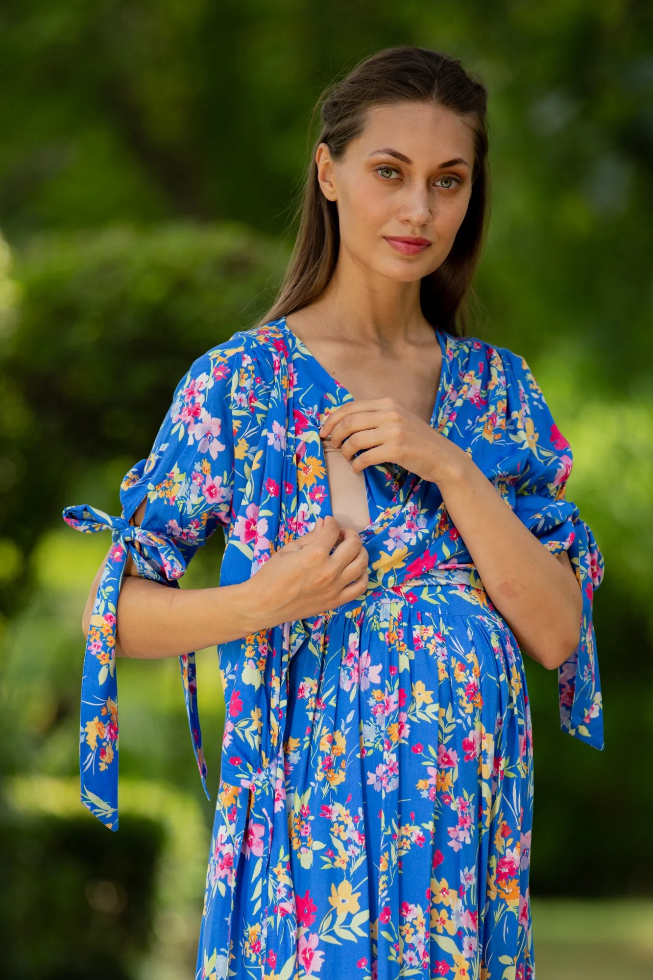 Royal Blue Floral Maternity & Nursing Midi Wrap Dress - Chenance