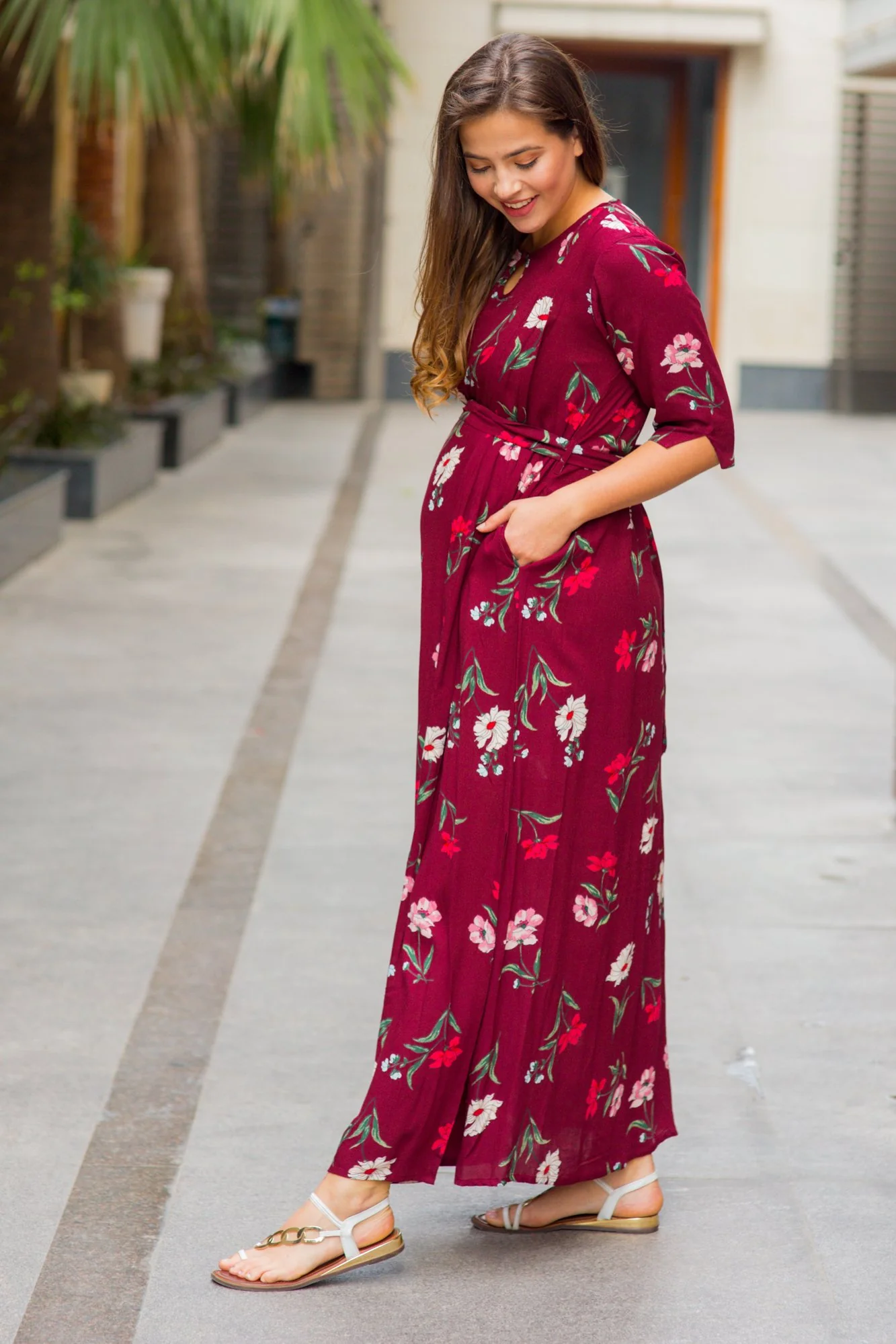 Burgundy Floral Side Slit Concealed Zips Feeding Dress - Chenance