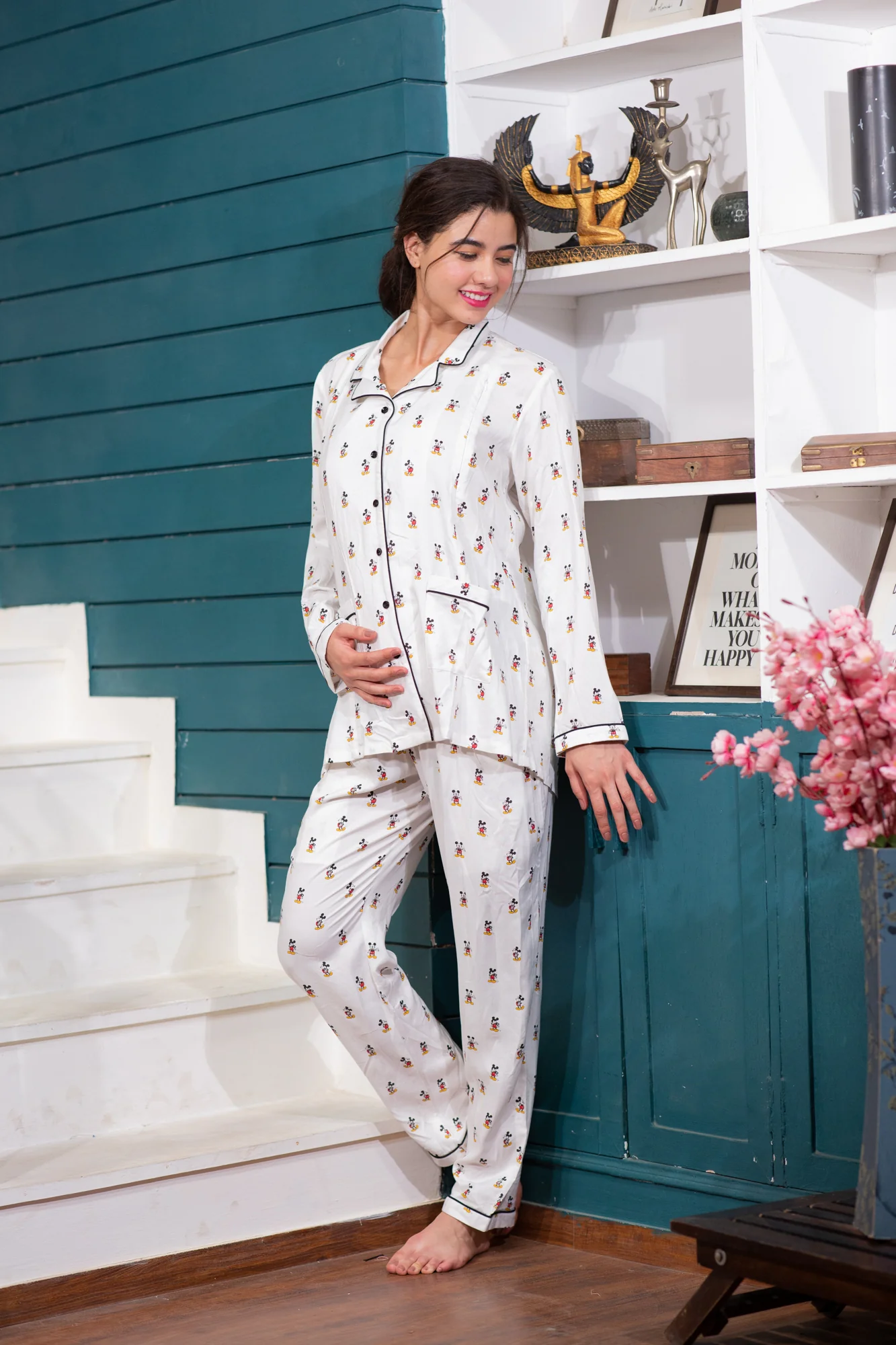 Pretty Mickey Mouse Printed Maternity & Nursing Lounge Coord Set (2Pc) - Chenance