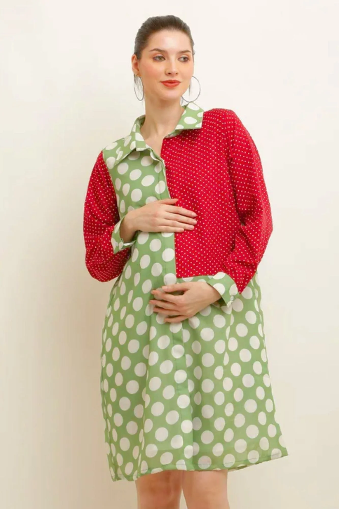 Merry Polka Printed Red-Green Shirt Dress - Chenance