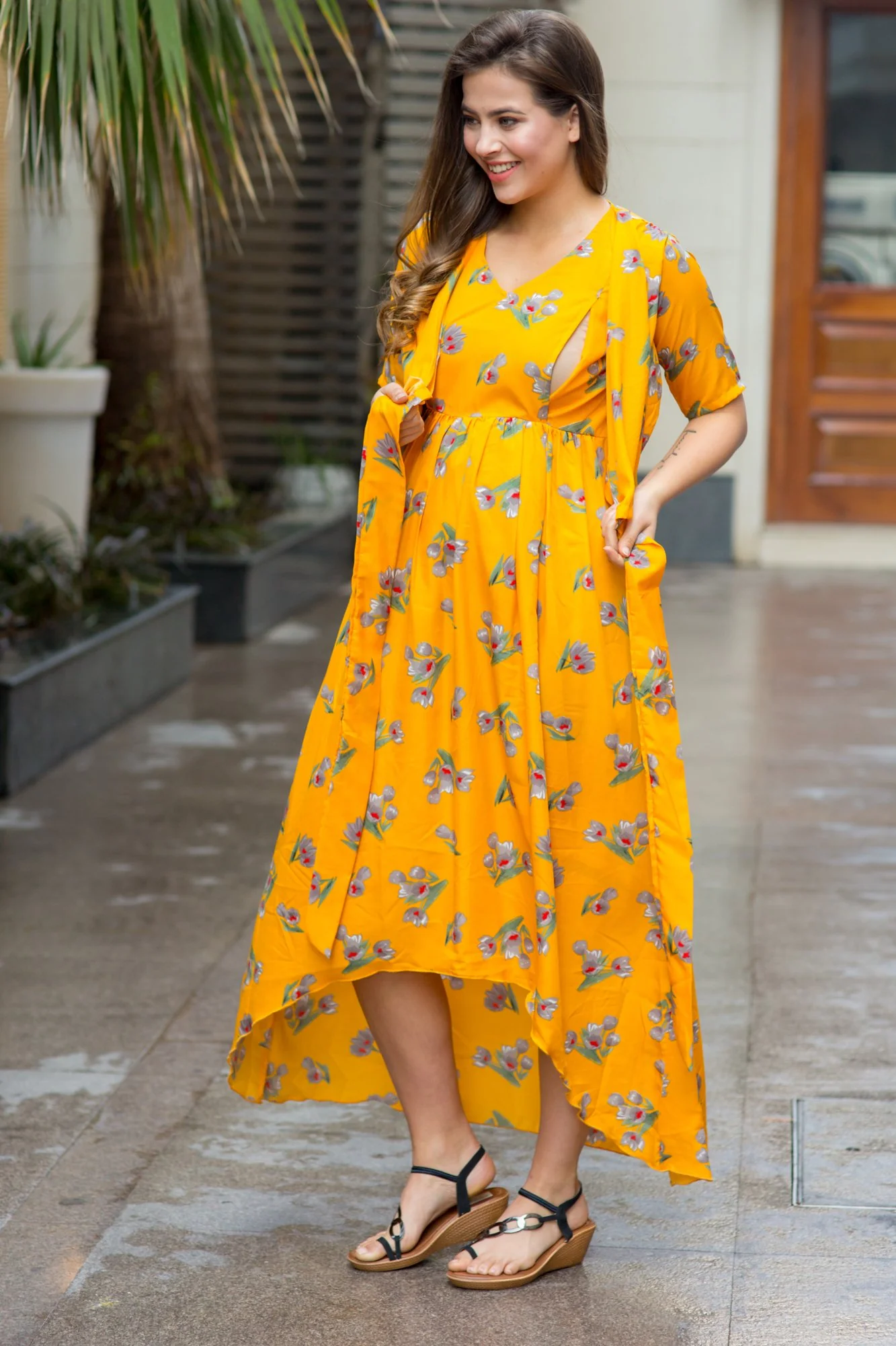 Marigold Yellow Hi-Low Maternity & Nursing Wrap Dress - Chenance