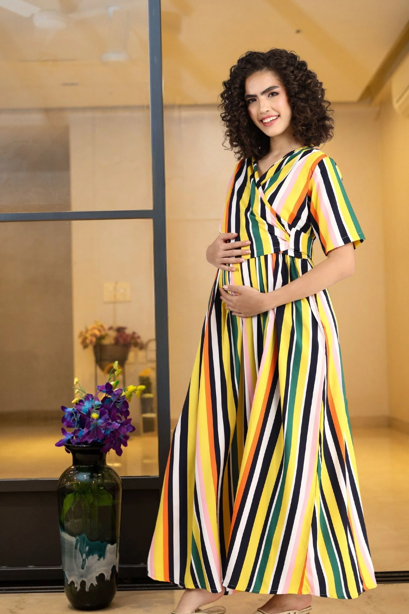 Dual Striped Yellow Maternity & Nursing Wrap Dress - Chenance
