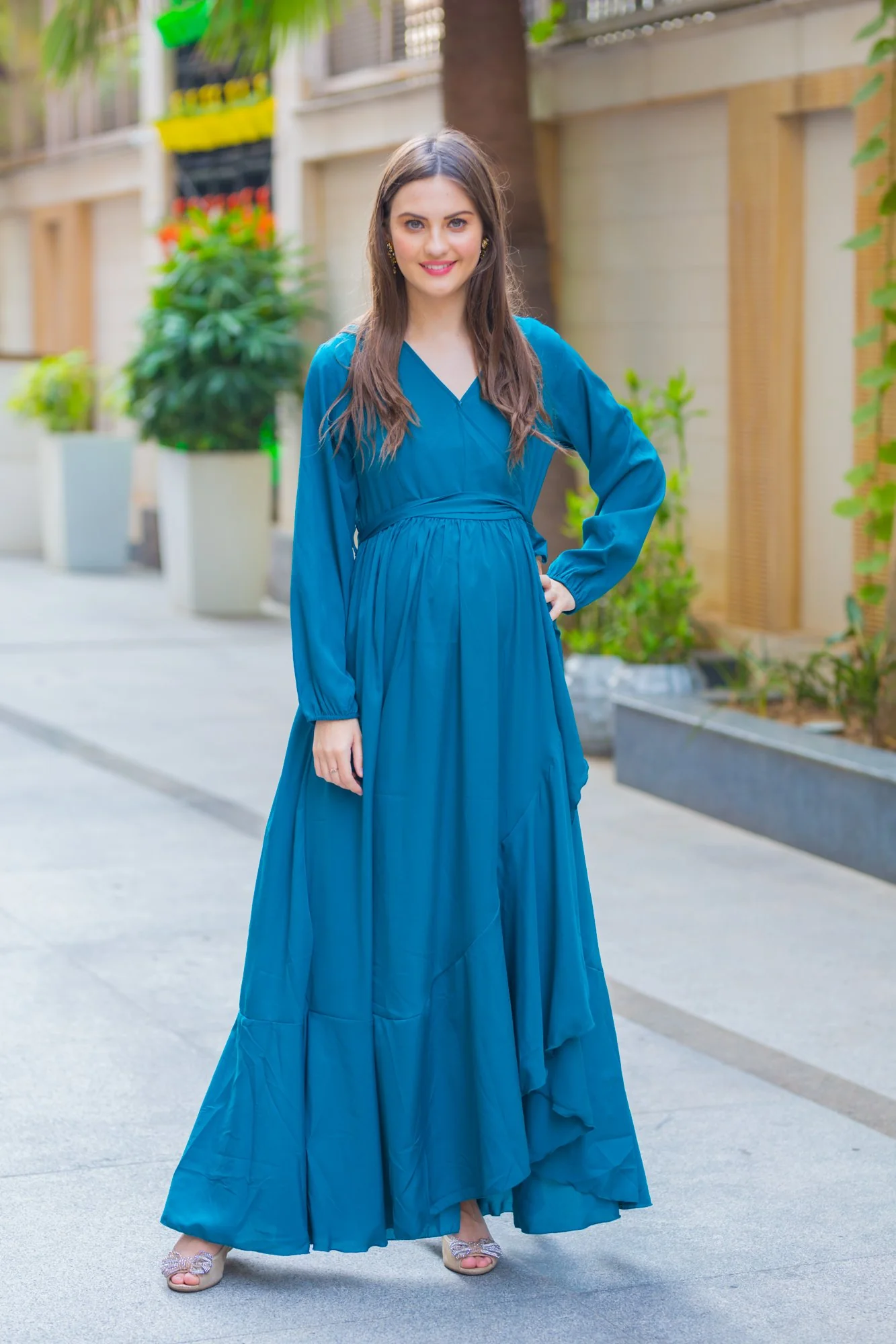 Ocean Blue Frill Maternity & Nursing Dress - Chenance