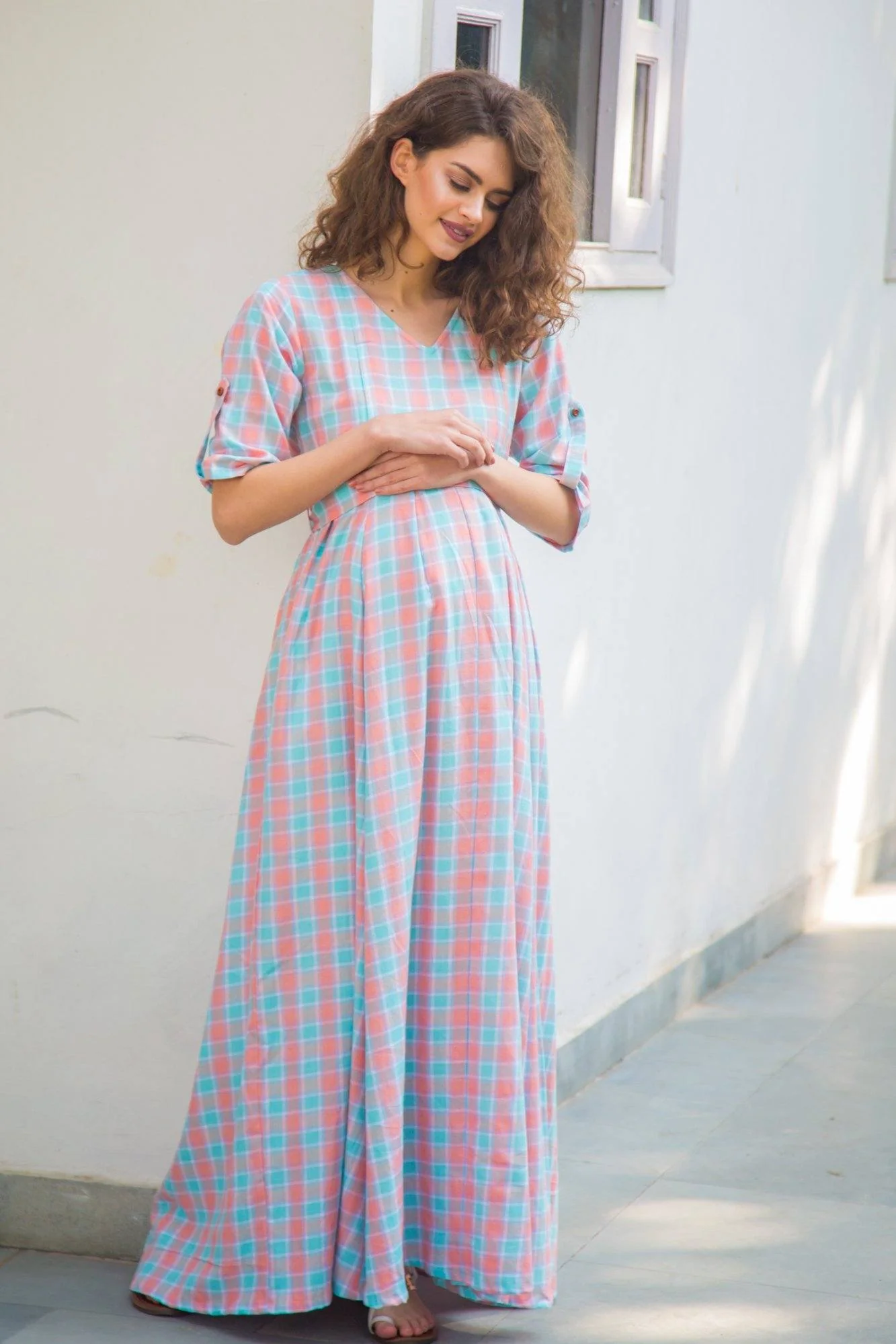 Pastel Pink Plaid Maternity & Nursing Maxi Dress - Chenance