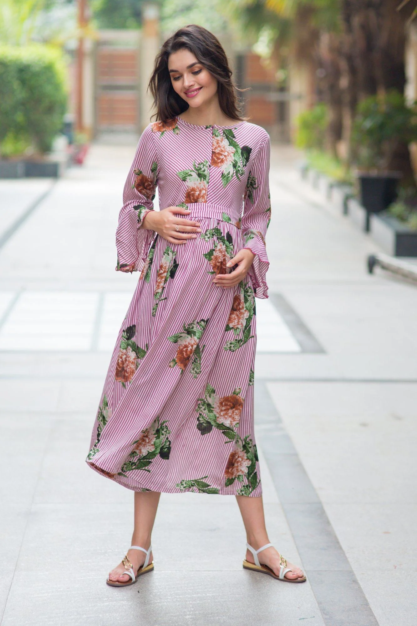 Striped Floral Boho Maternity & Nursing Dress - Chenance