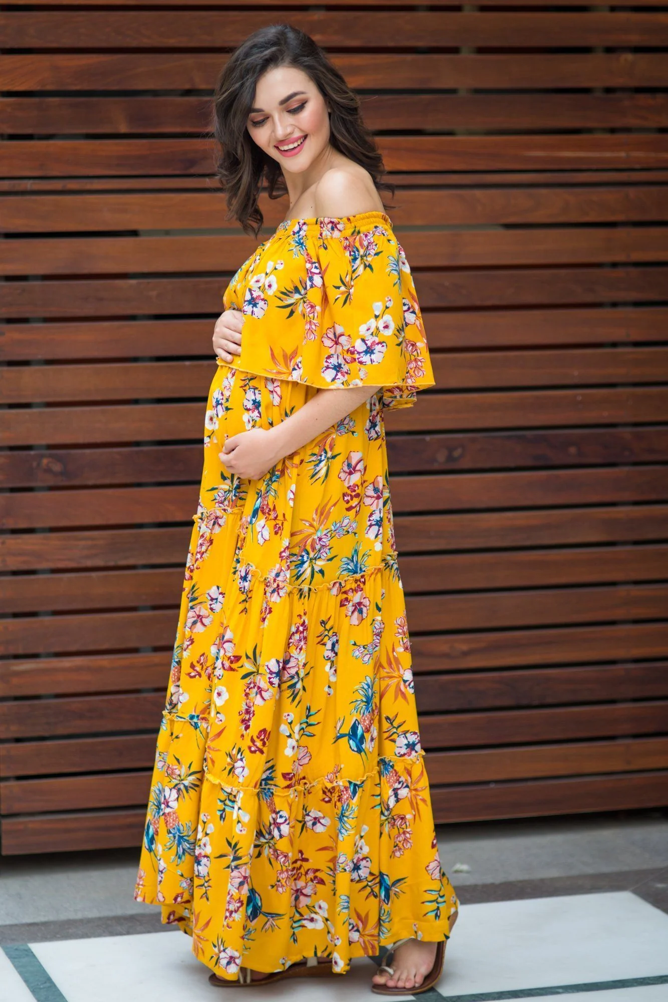 Daffodil Yellow Off-Shoulder Maternity Maxi Dress - Chenance