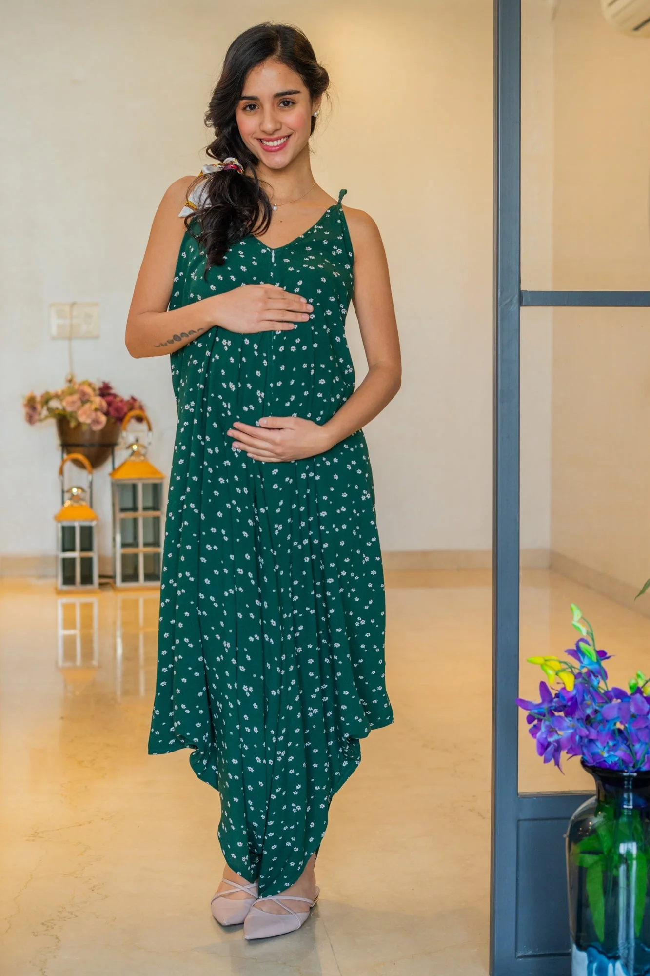 Peppy Forest Green Maternity & Nursing Jumpsuit + Cover Up - Chenance