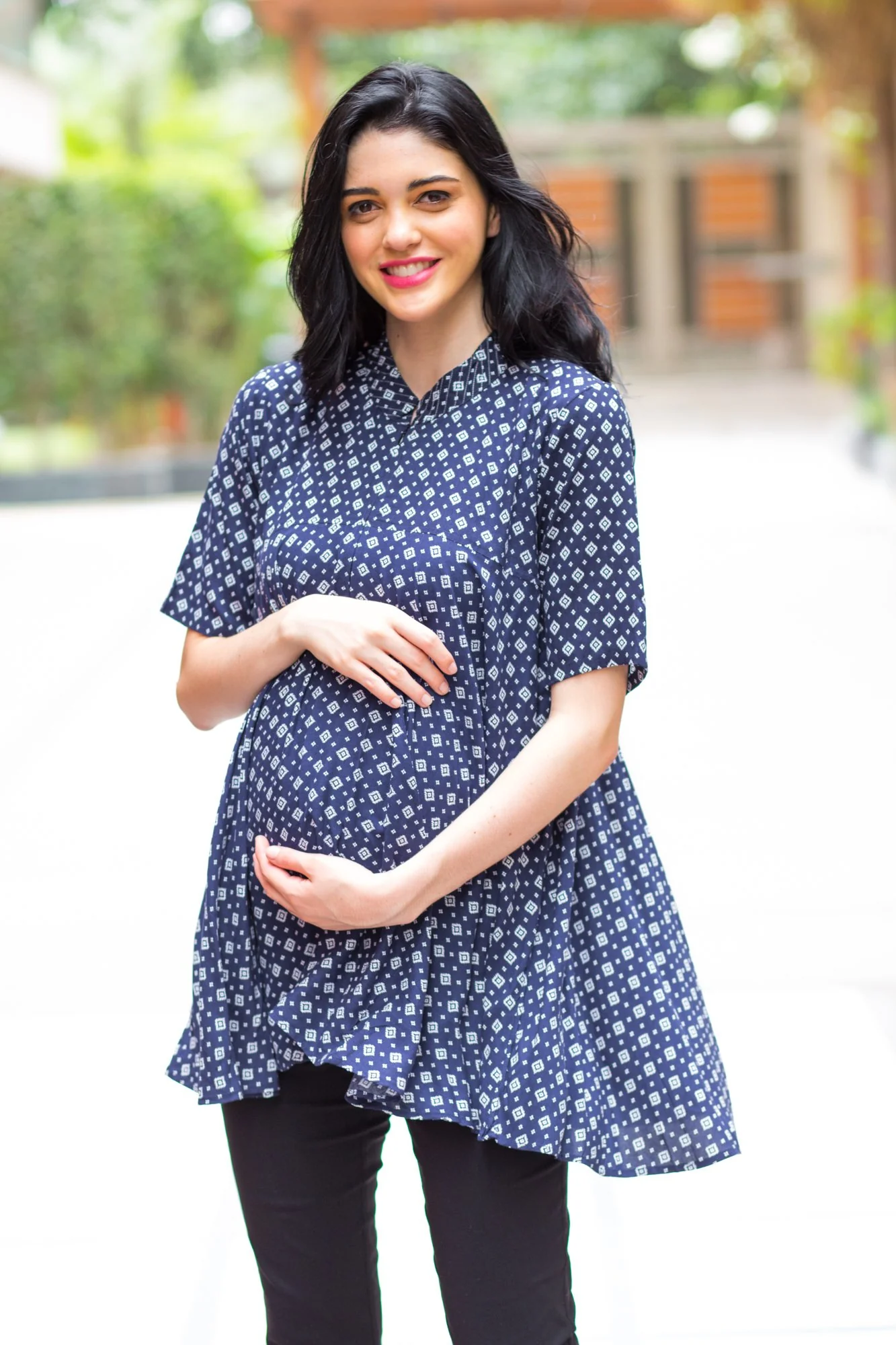 Navy Geo Flowing Maternity & Nursing Top - Chenance