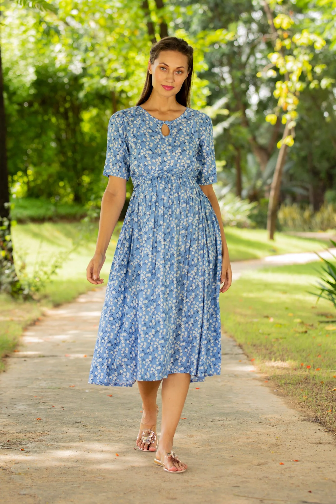 Pastel Blue Concealed Zips Maternity & Nursing Dress - Chenance