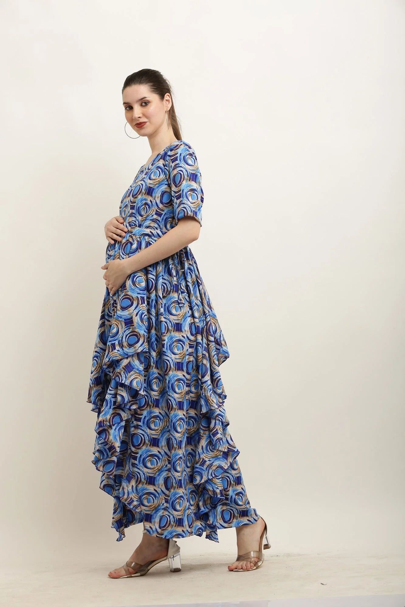 Blue Monochrome Spiral Maternity Flow Dress - Chenance