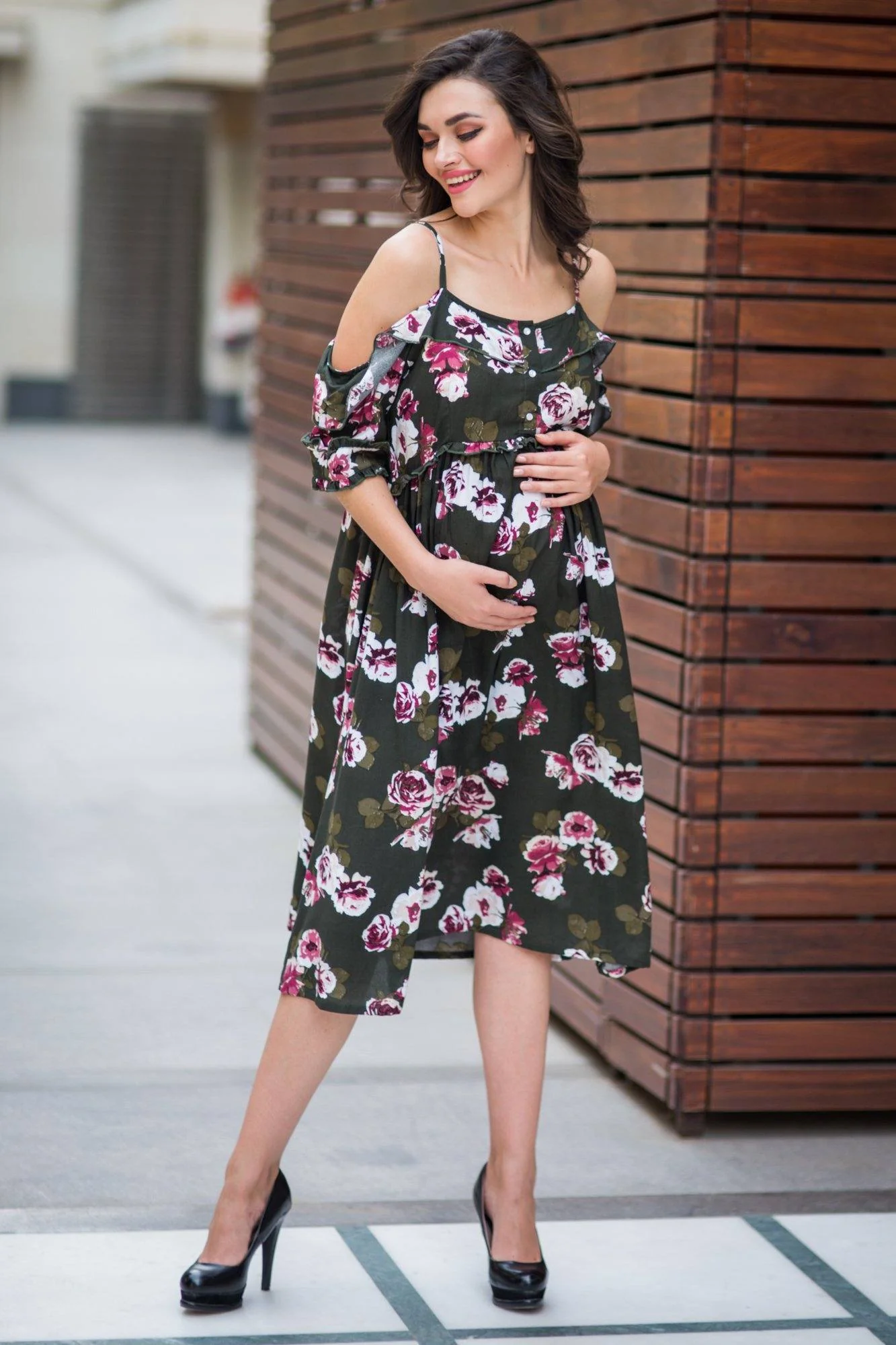 Olive Floral Front Zip Maternity & Nursing Maxi - Chenance