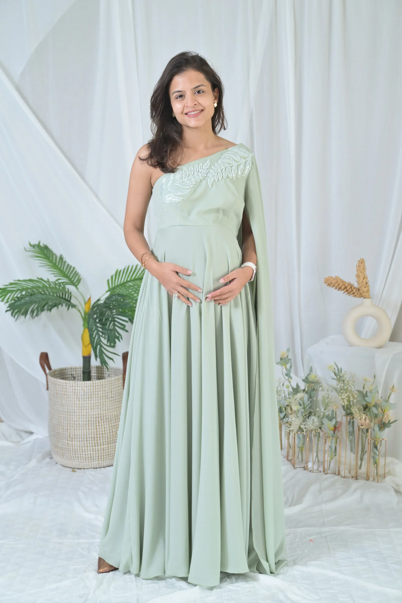 Luxe Sage Green Embroidered Maternity Satin Gown - Chenance
