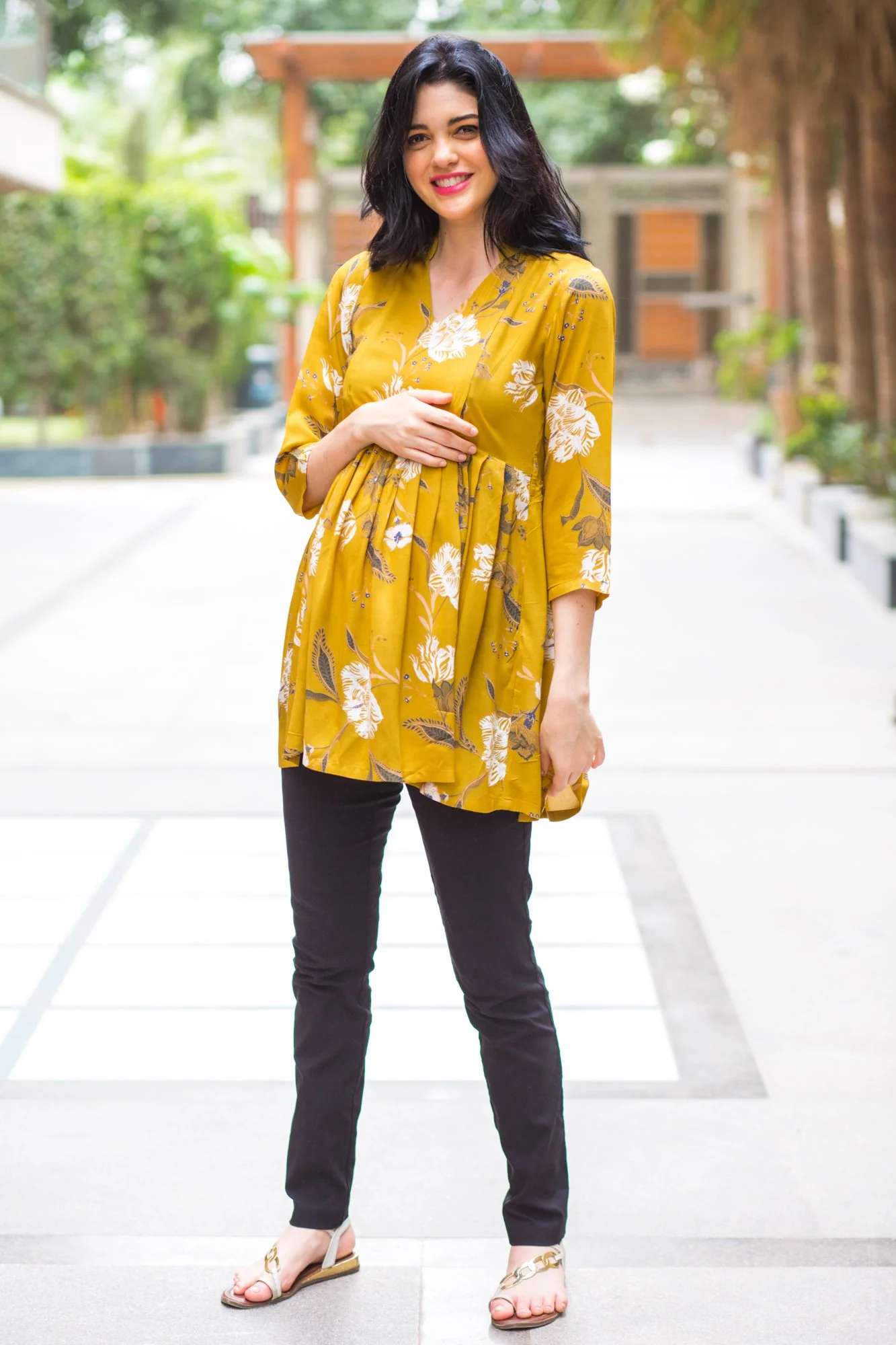 Mustard Yellow Leafy Maternity & Nursing Top - Chenance