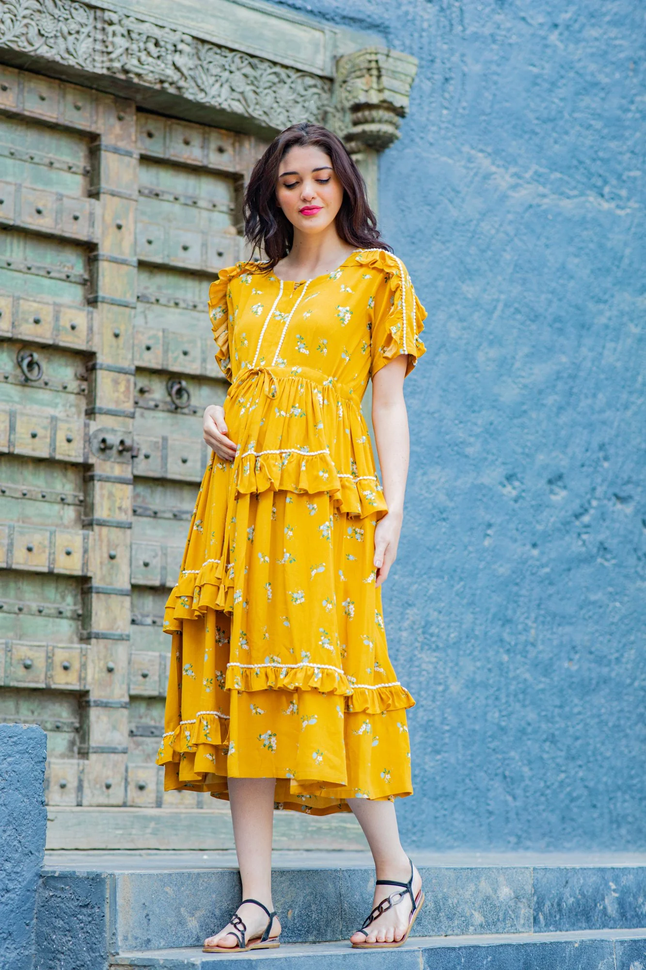 Honey Yellow Maternity & Nursing Frill Dress - Chenance