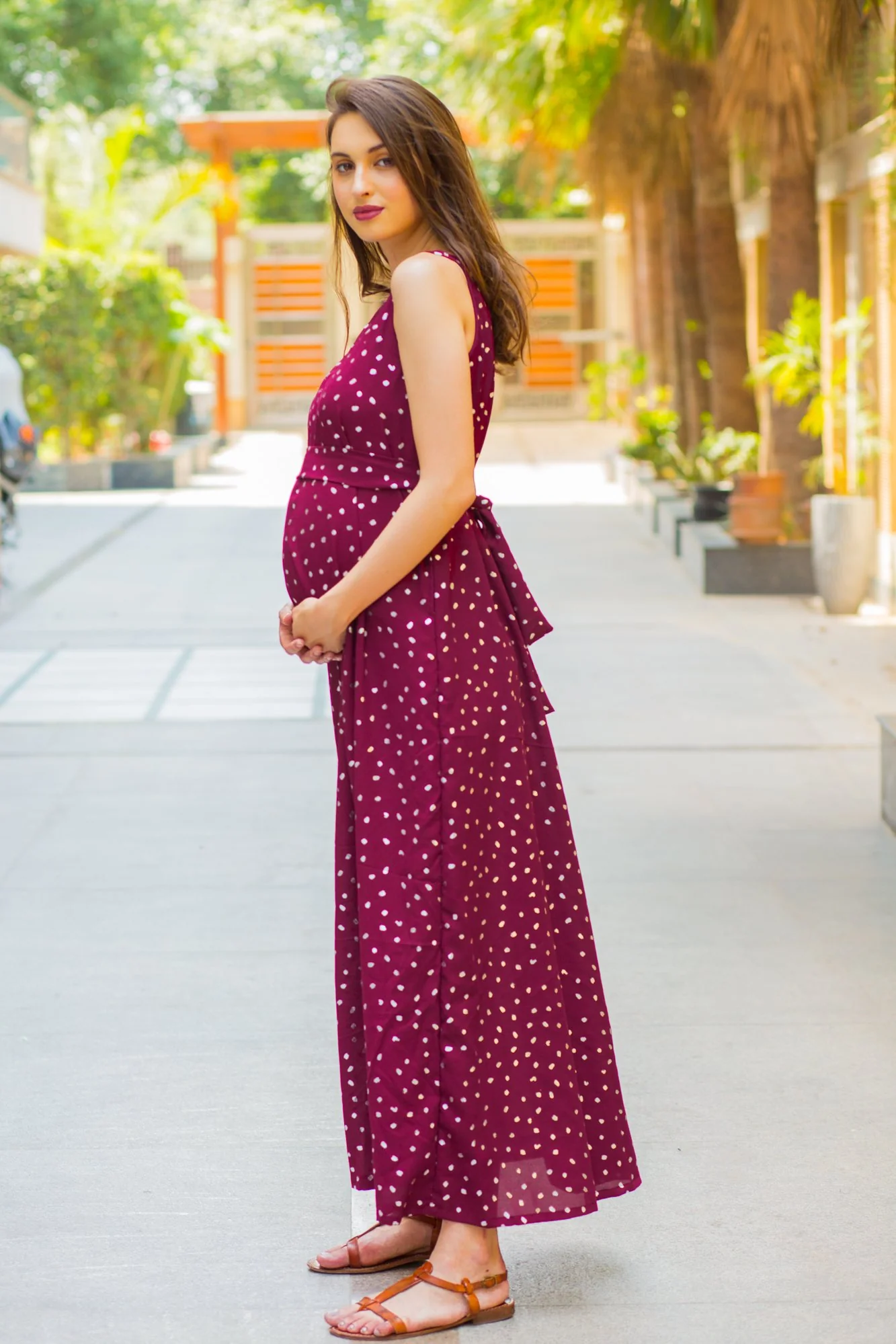 Burgundy Silver Embellished Sleeveless Maternity & Nursing Maxi Dress - Chenance