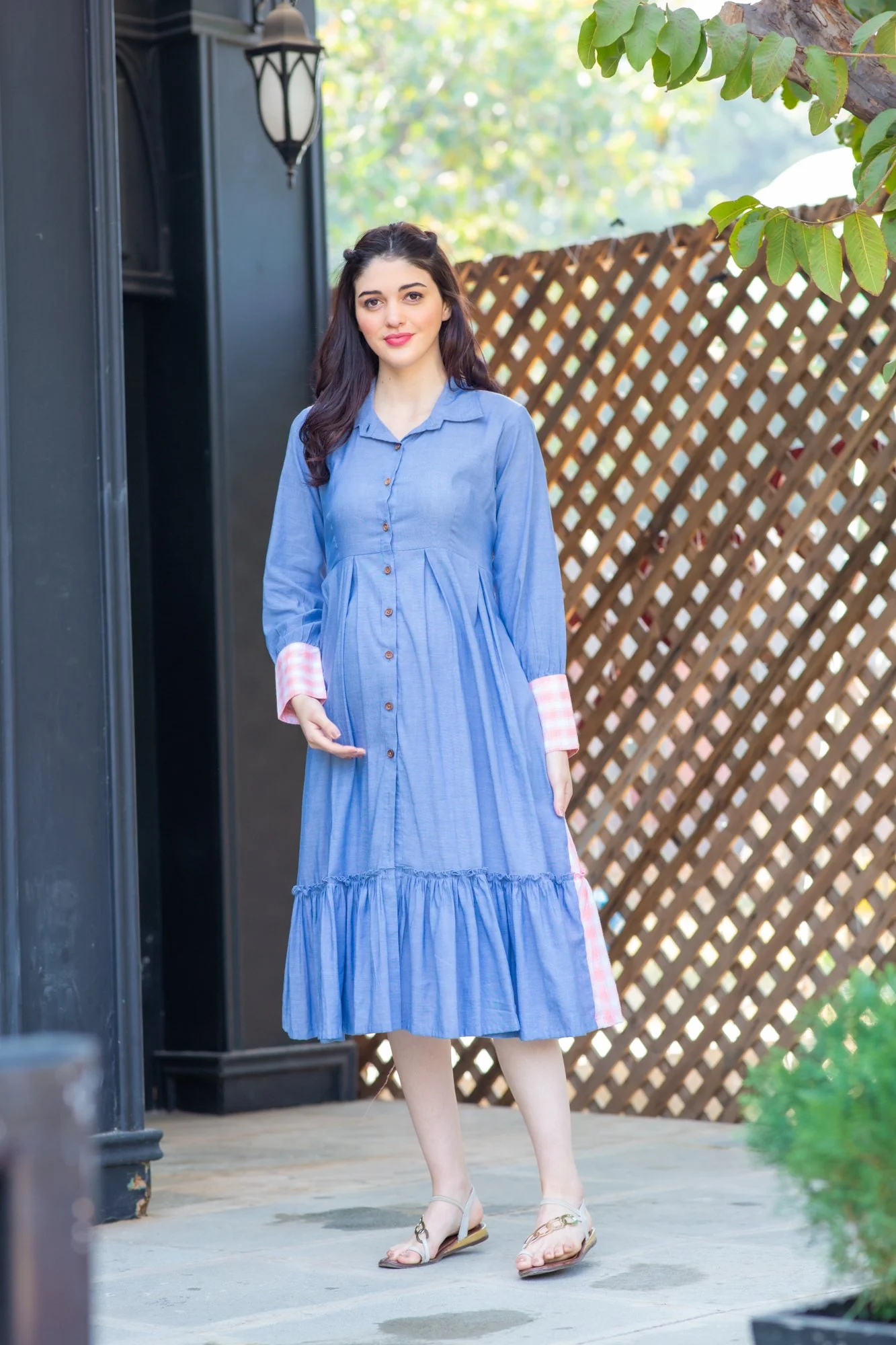 Blue Pink Cotton Maternity & Nursing Dress - Chenance