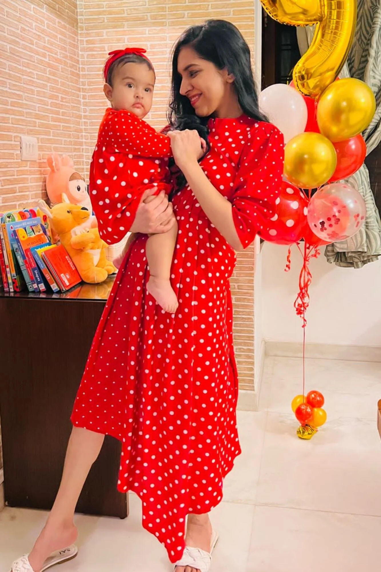 Mini Me (Mother-Daughter) Asymmetrical Red Polka High Neck Maternity & Nursing Dress (Set Of 2) - Chenance