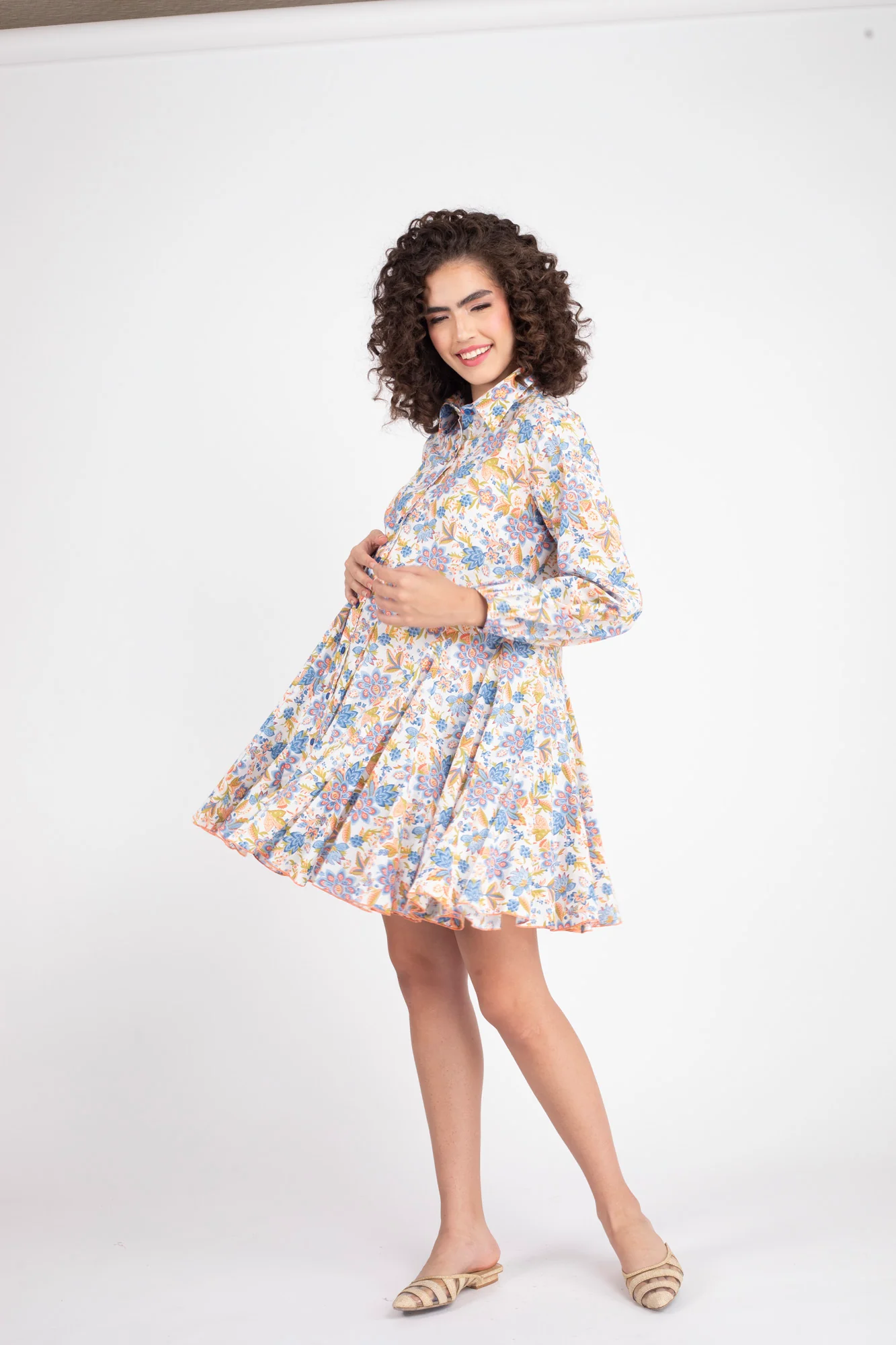 Blue Blossom Maternity & Nursing Frill Shirt Dress (100% Cotton) - Chenance