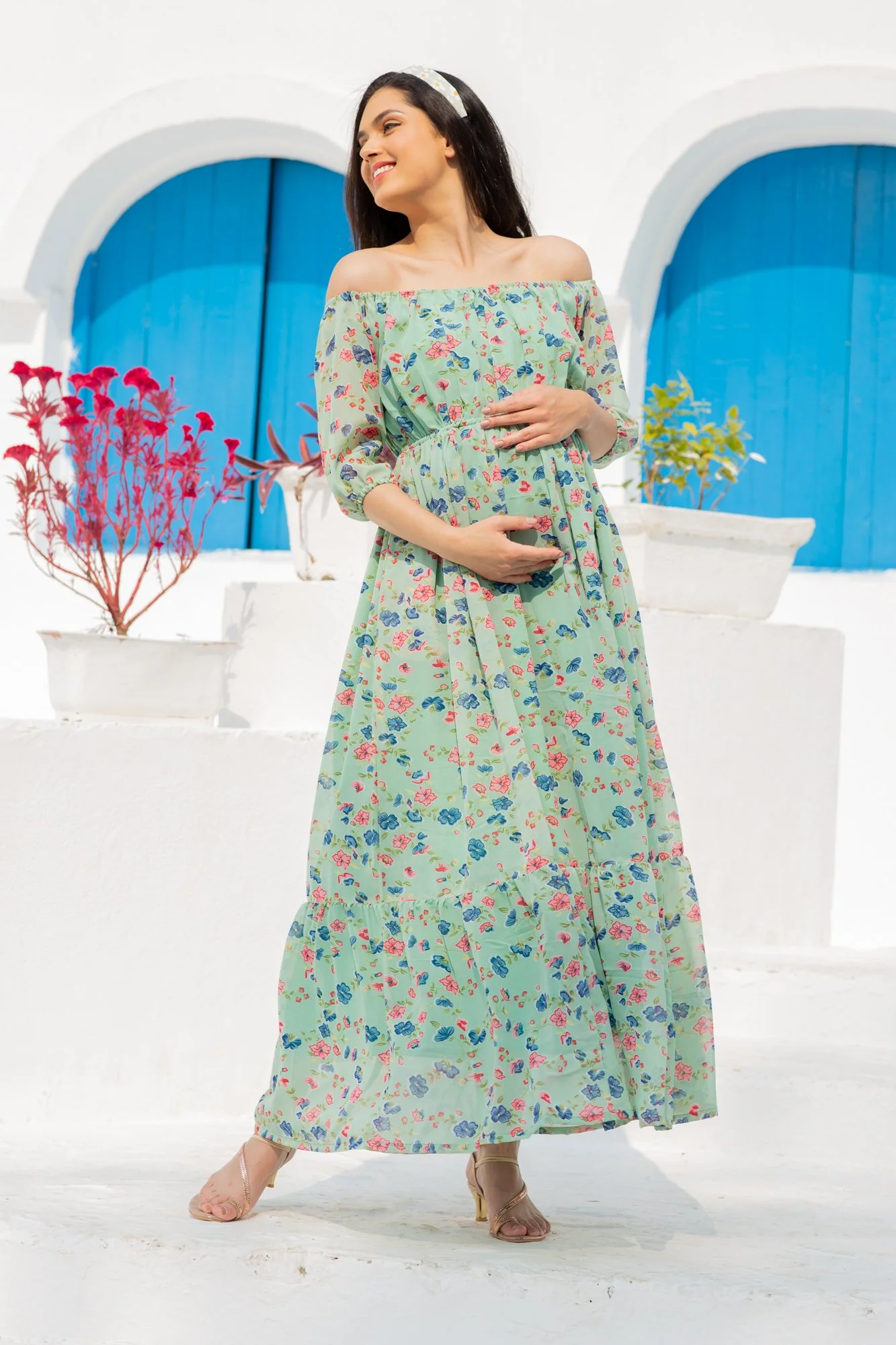 Mint Green Floral Dual Off-Shoulder Boat Neck Maternity & Nursing Maxi Dress - Chenance