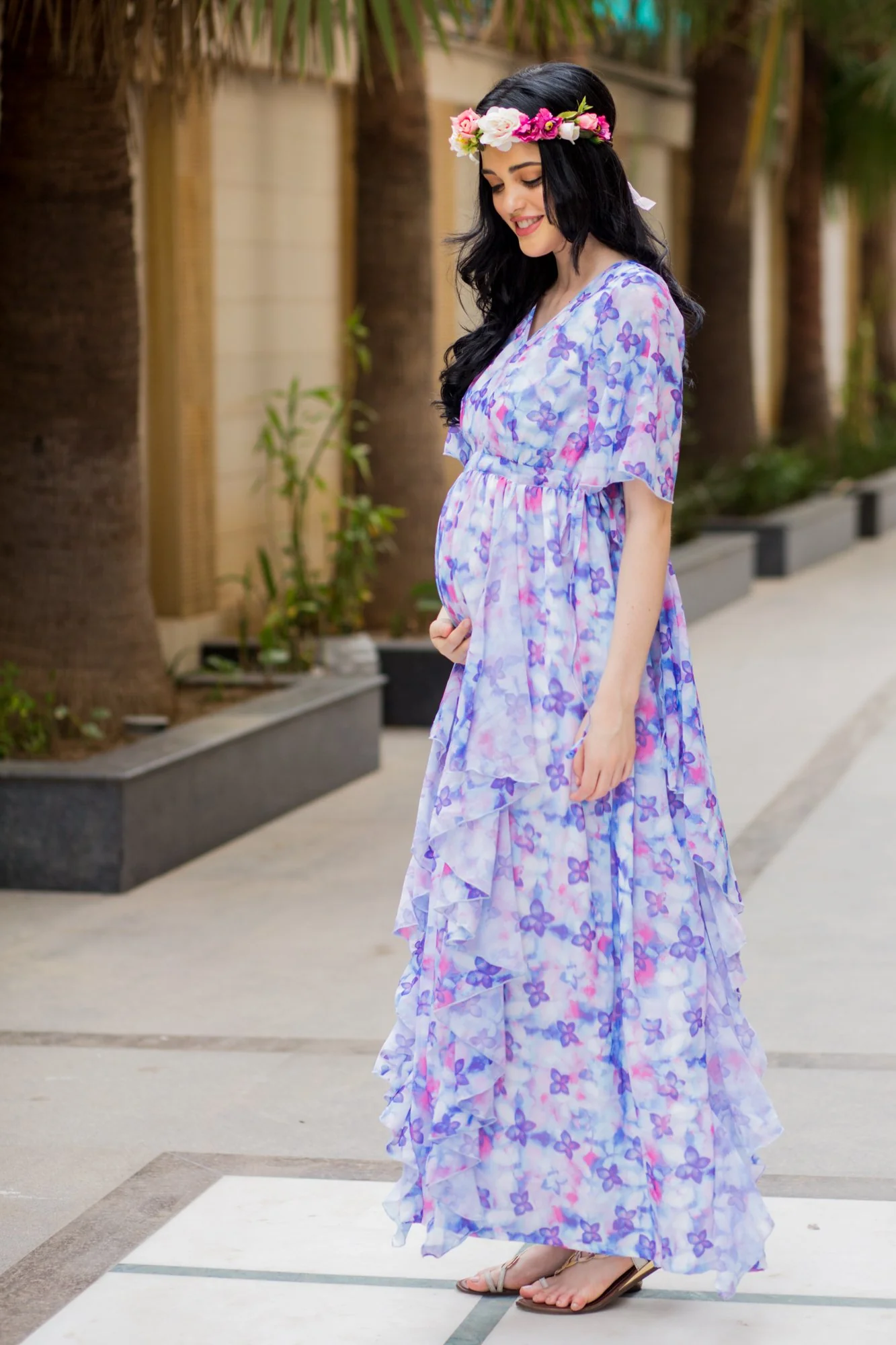 Purple Pink Butterfly Cascading Maternity Flow Dress - Chenance
