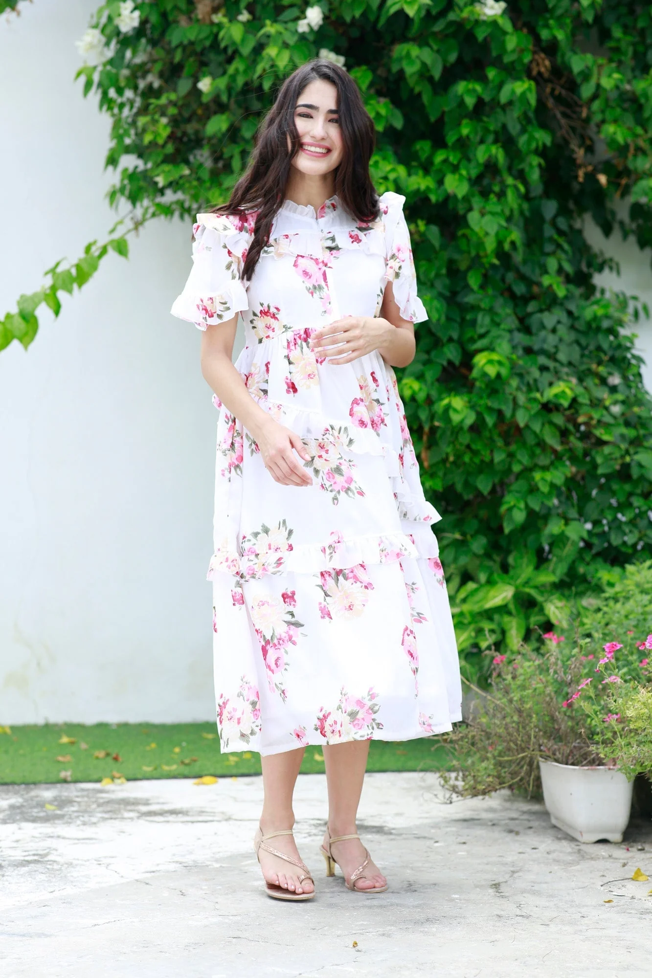Soothing White Floral Maternity & Nursing Frill Dress - Chenance