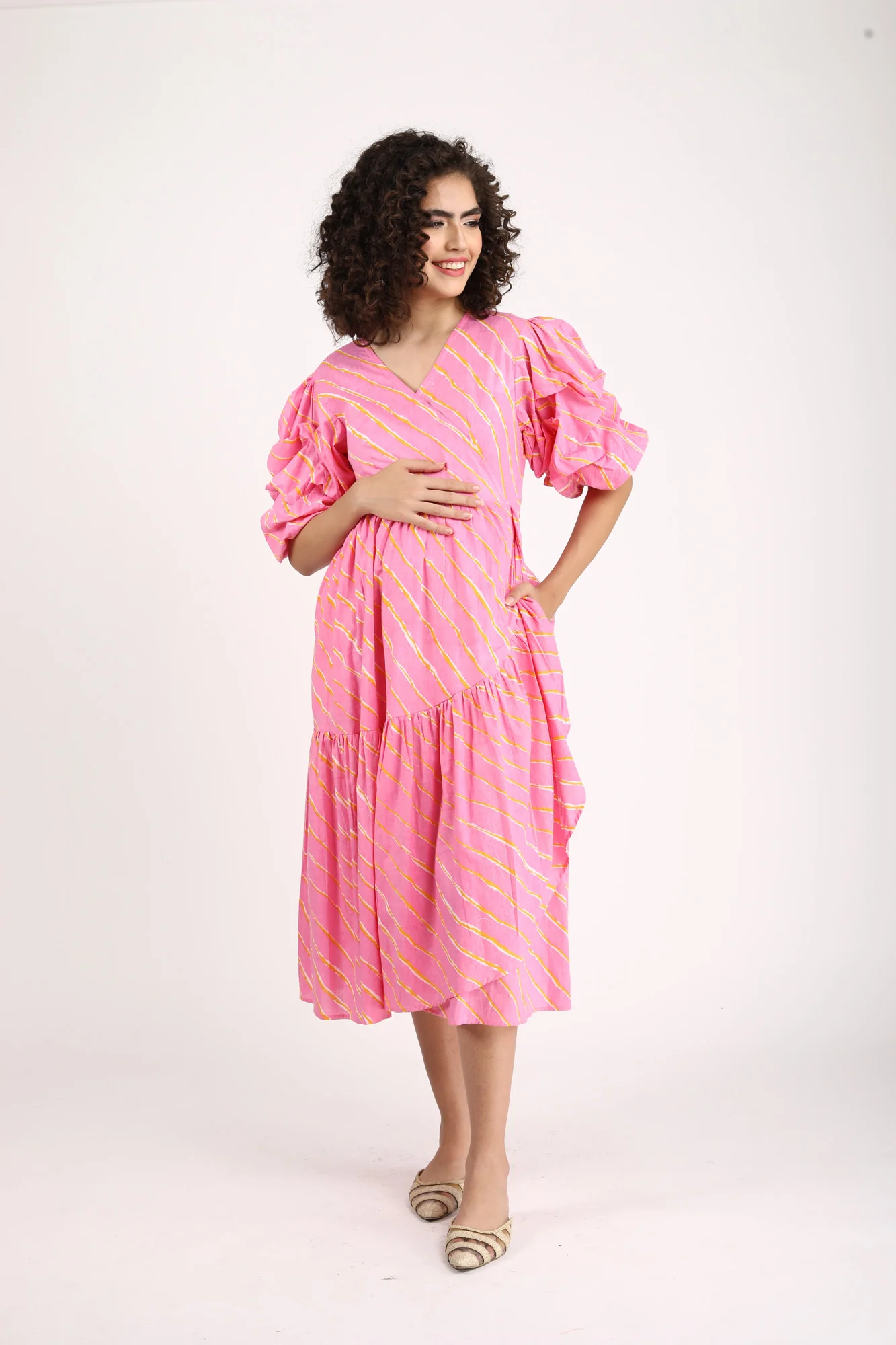 Bubblegum Pink Maternity & Nursing Frill Wrap Dress (100% Cotton) - Chenance