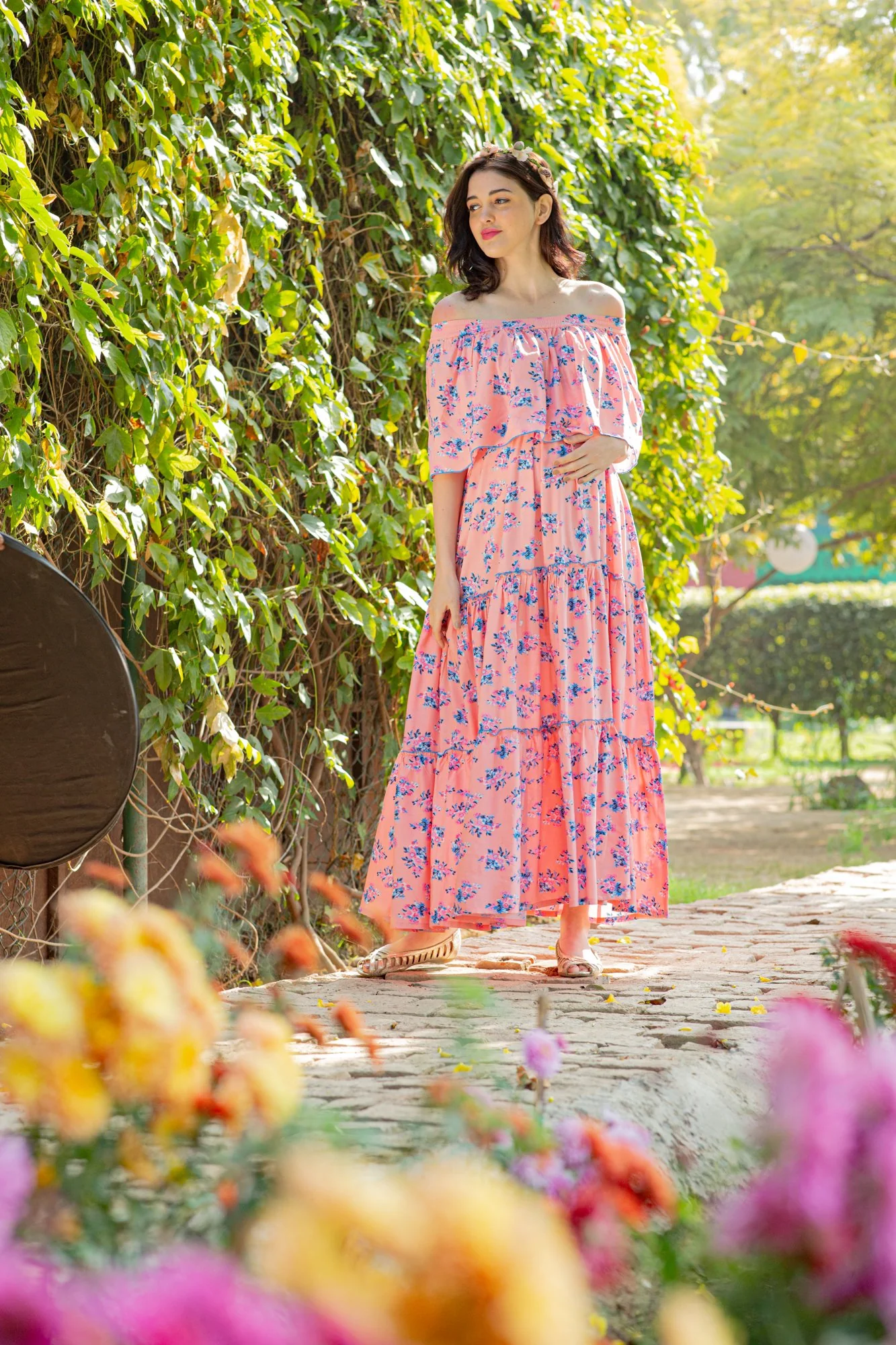 Botanical Pink Off-Shoulder Maternity Maxi Dress - Chenance