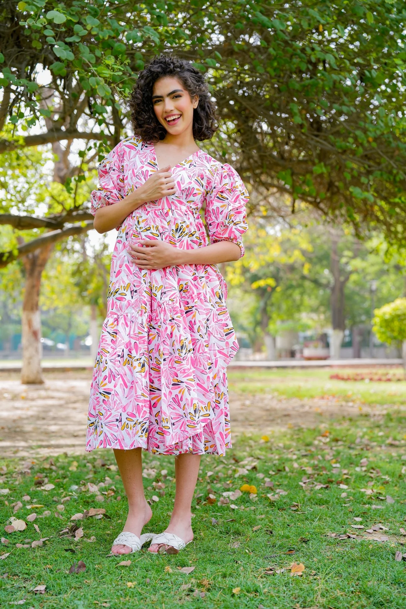Pleasing Ivory Pinky Blossom Maternity & Nursing Frill Wrap Dress (100% Cotton) - Chenance