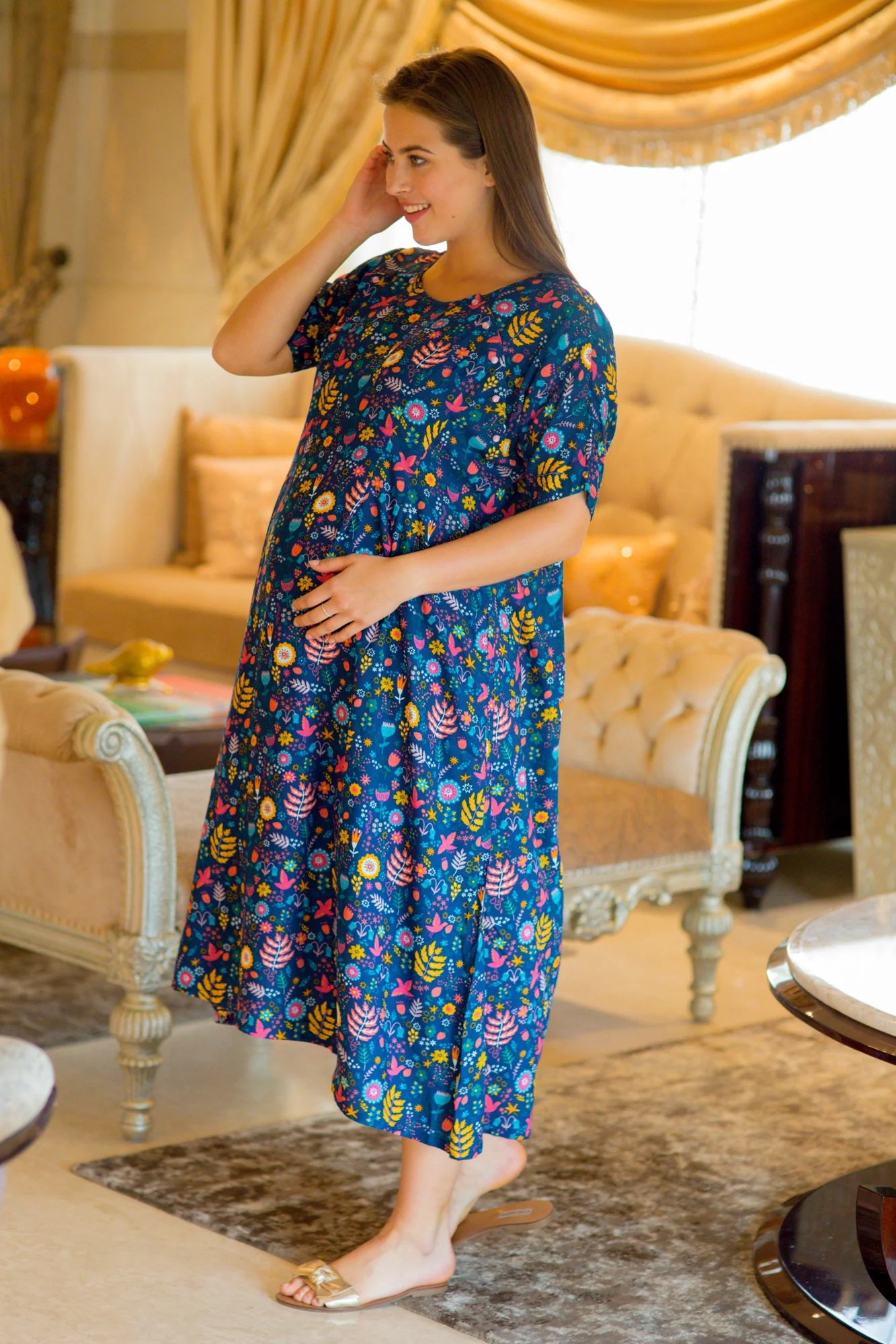 Set of 2 - Midnight Blue Shoulder Snap Delivery Gown + Matching Baby Swaddle - Chenance