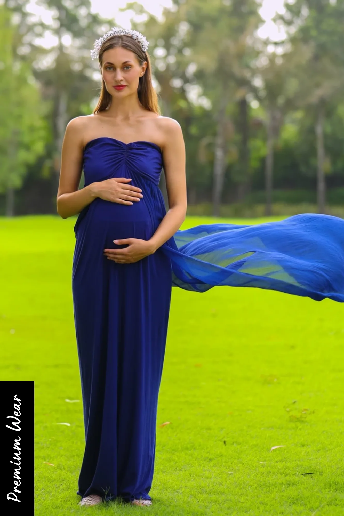 Luxe Royal Blue Off-Shoulder Trail Maternity Photoshoot Gown - Chenance