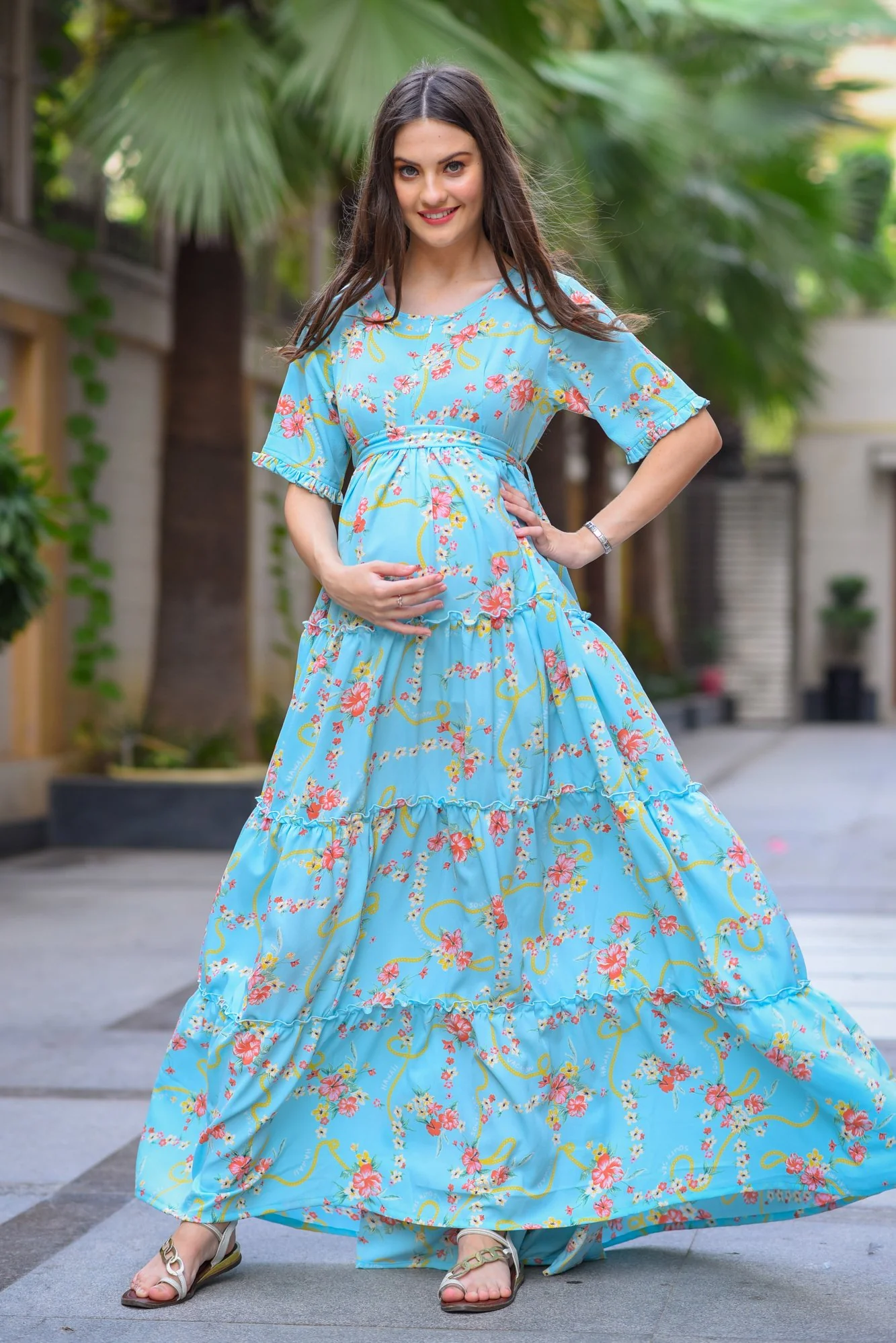 Hawaii Blue Frill Maternity & Nursing Dress - Chenance