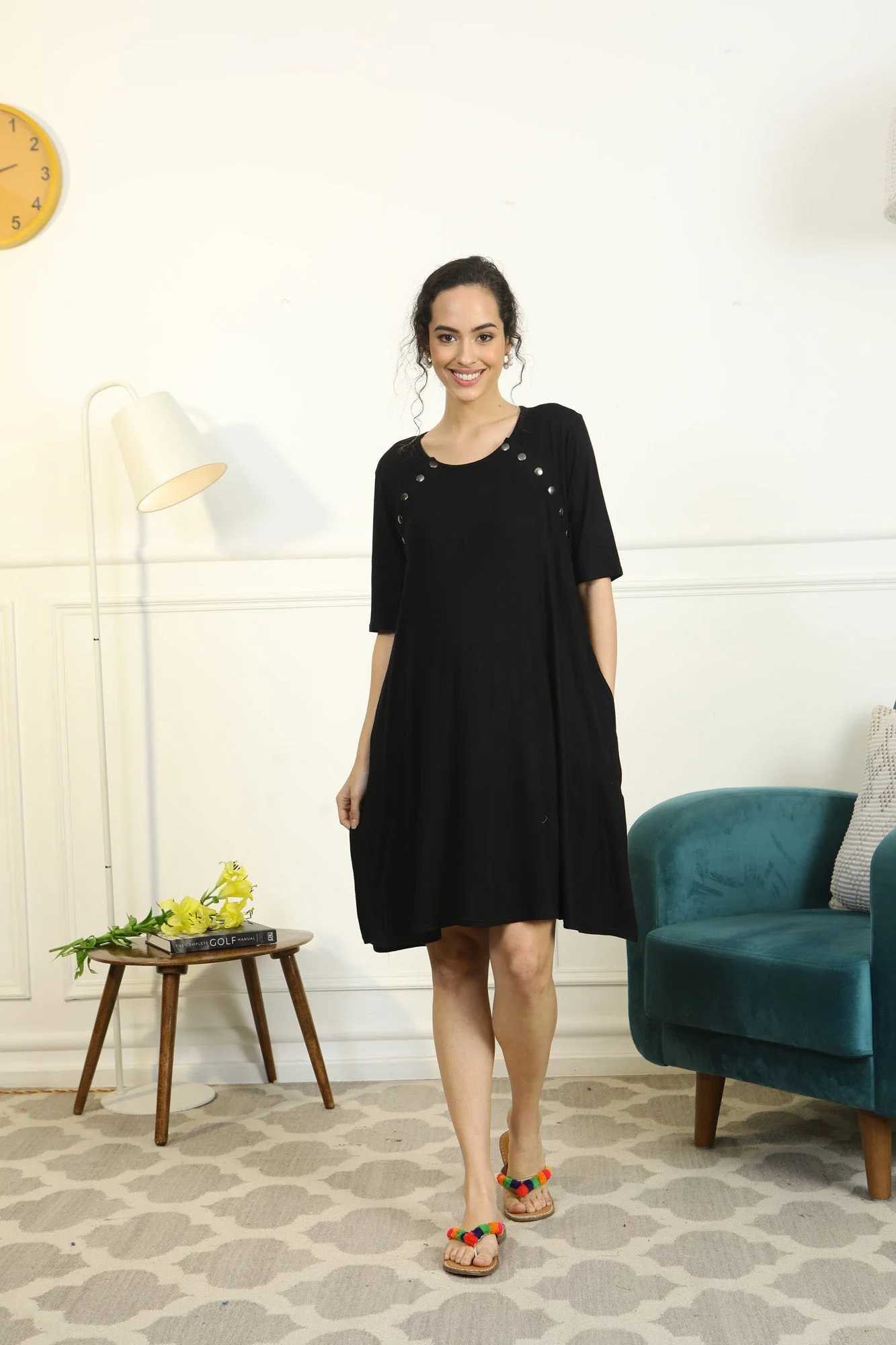 Soft Black Shoulder Snap Maternity & Nursing Night Dress / Delivery Gown/ Lounge Dress - Chenance
