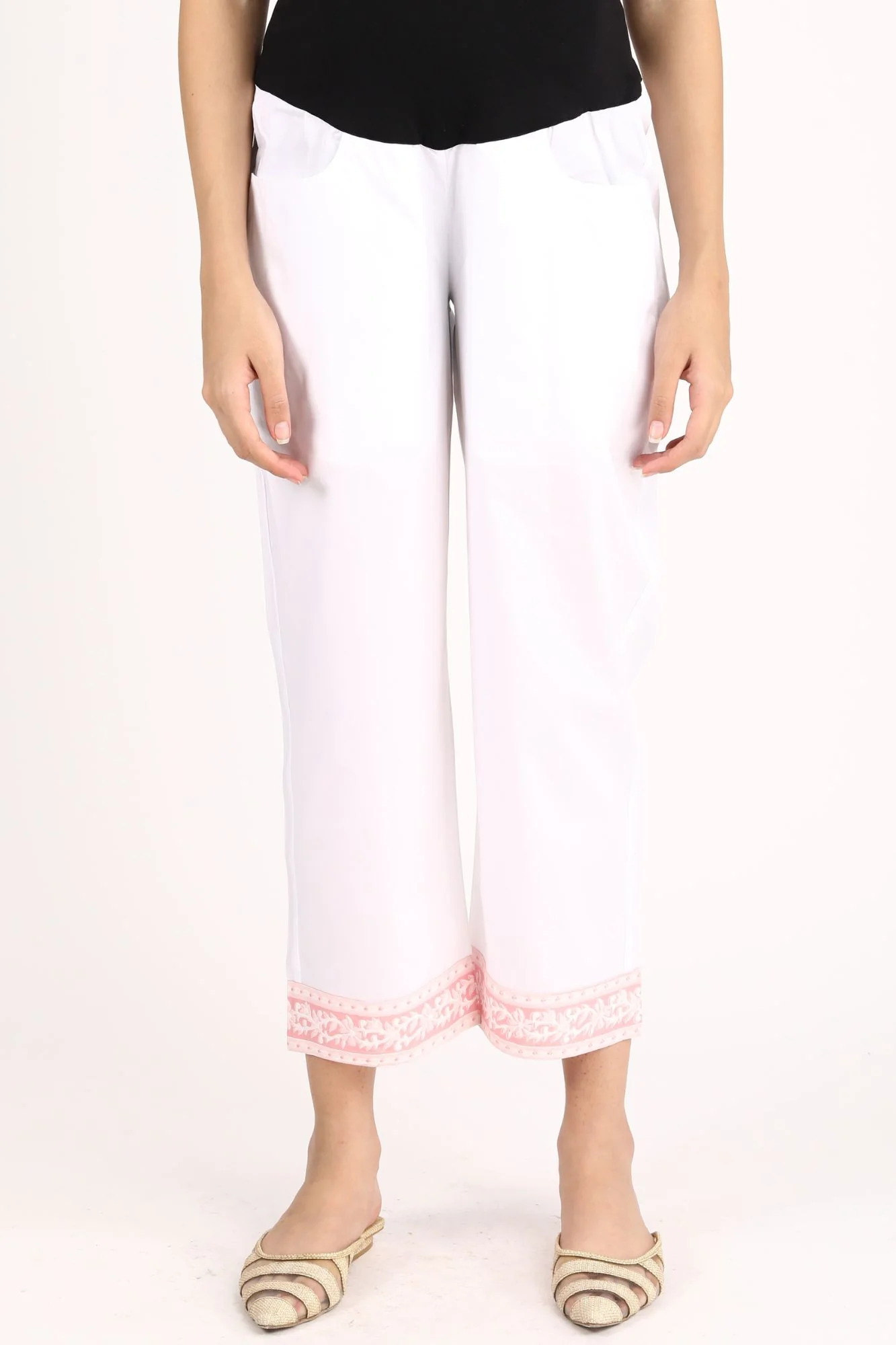 White Pink Cotton Over The Bump Pants (100% Cotton) - Chenance