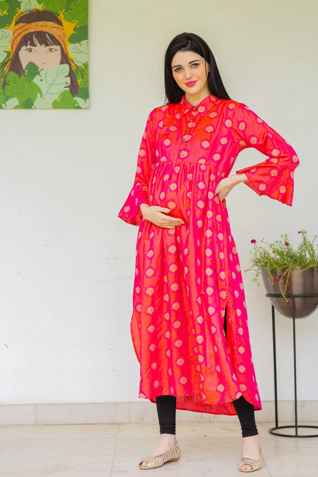 Red Luxe Maternity and Nursing Kurta Dress - Chenance