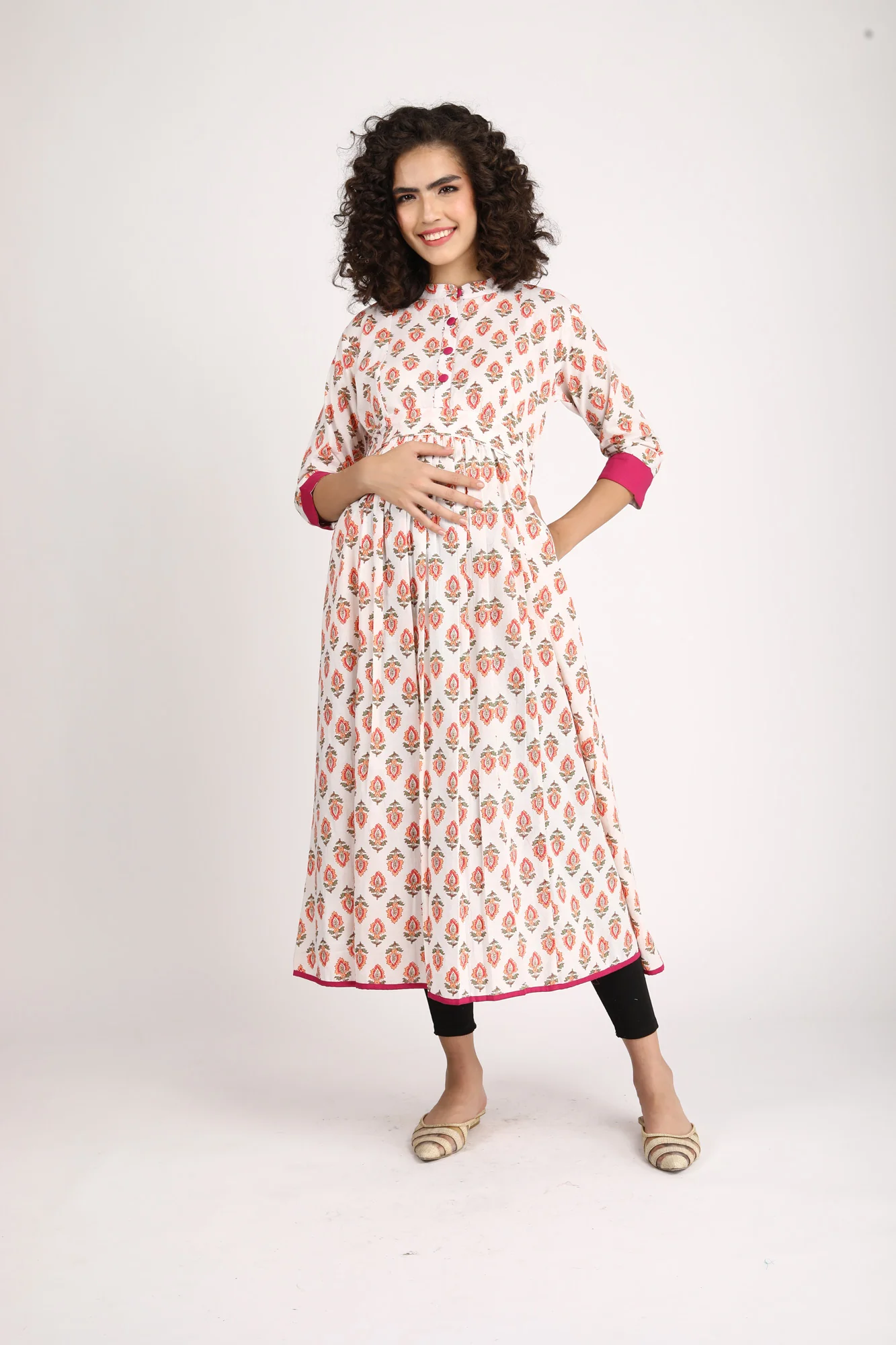 Orange White Maternity & Nursing Kurta (100% Cotton) - Chenance