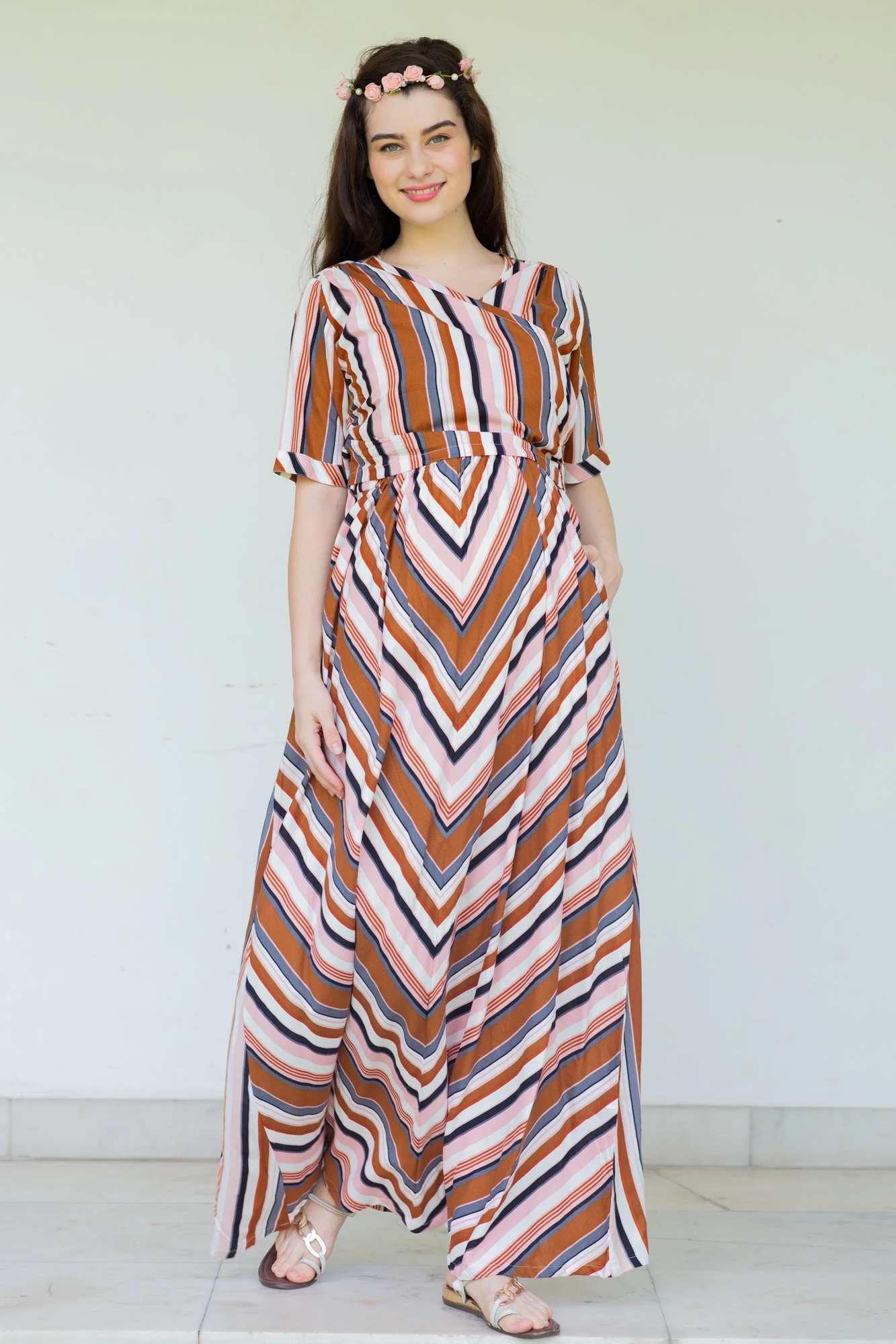 Rainbow Striped Maternity & Nursing Wrap Dress - Chenance