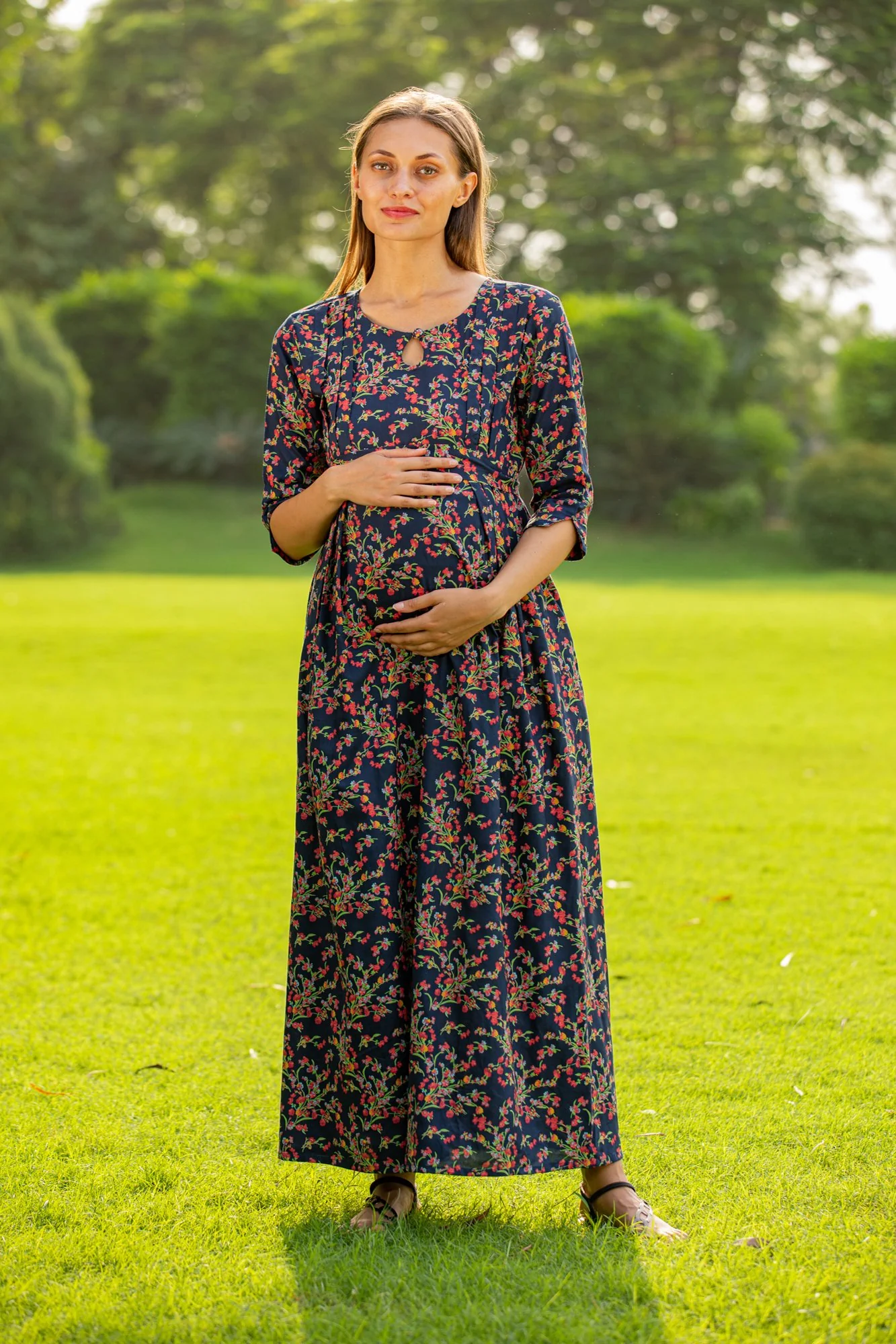 Midnight Bloom Side Slit Maternity & Nursing Dress - Chenance